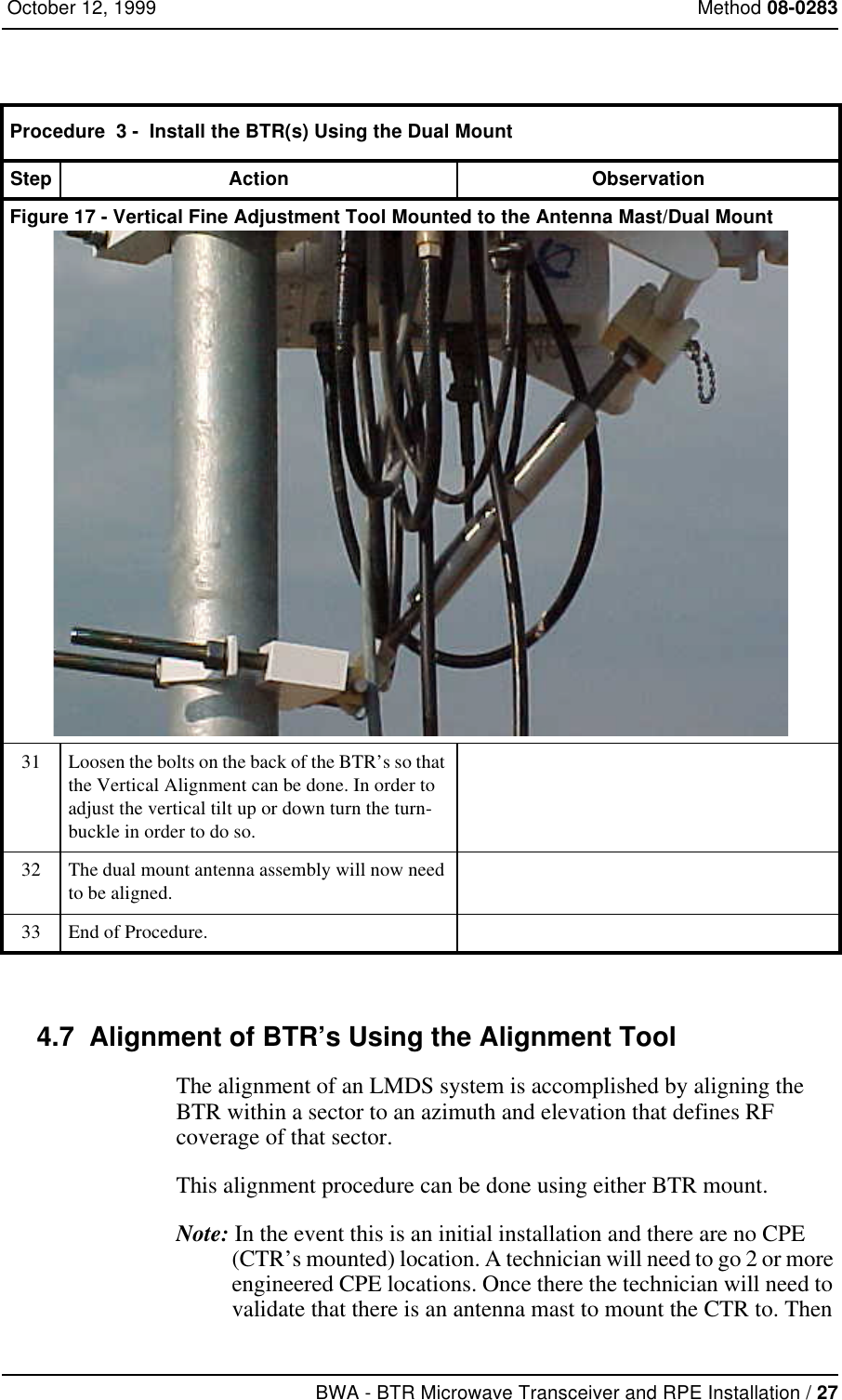 BWA - BTR Microwave Transceiver and RPE Installation / 27 October 12, 1999 Method 08-02834.7  Alignment of BTR’s Using the Alignment ToolThe alignment of an LMDS system is accomplished by aligning the BTR within a sector to an azimuth and elevation that defines RF coverage of that sector.This alignment procedure can be done using either BTR mount.Note: In the event this is an initial installation and there are no CPE (CTR’s mounted) location. A technician will need to go 2 or more engineered CPE locations. Once there the technician will need to validate that there is an antenna mast to mount the CTR to. Then Figure 17 - Vertical Fine Adjustment Tool Mounted to the Antenna Mast/Dual Mount31 Loosen the bolts on the back of the BTR’s so that the Vertical Alignment can be done. In order to adjust the vertical tilt up or down turn the turn-buckle in order to do so.32 The dual mount antenna assembly will now need to be aligned.33 End of Procedure.Procedure  3 -  Install the BTR(s) Using the Dual MountStep Action Observation