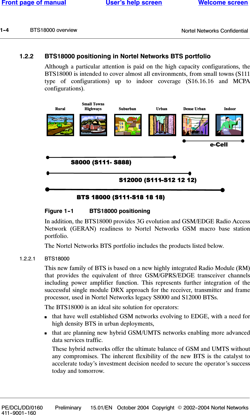 BTS18000 overviewFront page of manual Welcome screenUser’s help screenNortel Networks Confidential1--4PE/DCL/DD/0160411--9001--160Preliminary 15.01/EN October 2004 Copyright E2002--2004 Nortel Networks1.2.2 BTS18000 positioning in Nortel Networks BTS portfolioAlthough a particular attention is paid on the high capacity configurations, theBTS18000 is intended to cover almost all environments, from small towns (S111type of configurations) up to indoor coverage (S16.16.16 and MCPAconfigurations).e-CellS12000 (S111-S12 12 12)–RuralSmall TownsHighways Suburban IndoorUrban Dense UrbanS8000 (S111- S888) BTS 18000 (S111-S18 18 18)–RuralSmall TownsHighways Suburban IndoorUrban Dense UrbanFigure 1--1 BTS18000 positioningIn addition, the BTS18000 provides 3G evolution and GSM/EDGE Radio AccessNetwork (GERAN) readiness to Nortel Networks GSM macro base stationportfolio.The Nortel Networks BTS portfolio includes the products listed below.1.2.2.1 BTS18000This new family of BTS is based on a new highly integrated Radio Module (RM)that provides the equivalent of three GSM/GPRS/EDGE transceiver channelsincluding power amplifier function. This represents further integration of thesuccessful single module DRX approach for the receiver, transmitter and frameprocessor, used in Nortel Networks legacy S8000 and S12000 BTSs.The BTS18000 is an ideal site solution for operators:that have well established GSM networks evolving to EDGE, with a need forhigh density BTS in urban deployments,that are planning new hybrid GSM/UMTS networks enabling more advanceddata services traffic.These hybrid networks offer the ultimate balance of GSM and UMTS withoutany compromises. The inherent flexibility of the new BTS is the catalyst toaccelerate today’s investment decision needed to secure the operator’s successtoday and tomorrow.