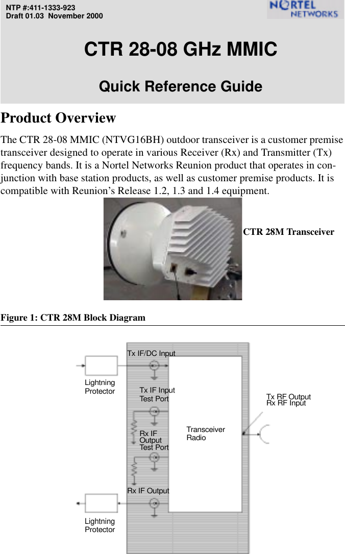 NTP #:411-1333-923Draft 01.03  November 2000CTR 28-08 GHz MMICQuick Reference GuideProduct OverviewThe CTR 28-08 MMIC (NTVG16BH) outdoor transceiver is a customer premise transceiver designed to operate in various Receiver (Rx) and Transmitter (Tx) frequency bands. It is a Nortel Networks Reunion product that operates in con-junction with base station products, as well as customer premise products. It is compatible with Reunion’s Release 1.2, 1.3 and 1.4 equipment.Figure 1: CTR 28M Block DiagramRx IF Tx IF/DC InputTransceiverLightningRadioProtectorLightningProtectorRx RF InputTx RF OutputTest PortTx IF InputTest PortRx IF OutputOutputCTR 28M Transceiver