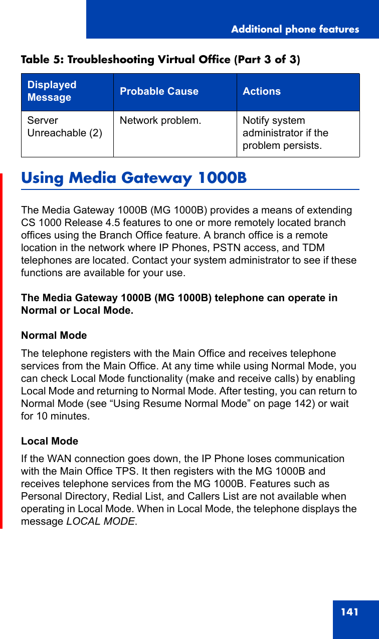 Additional phone features141Using Media Gateway 1000BThe Media Gateway 1000B (MG 1000B) provides a means of extending CS 1000 Release 4.5 features to one or more remotely located branch offices using the Branch Office feature. A branch office is a remote location in the network where IP Phones, PSTN access, and TDM telephones are located. Contact your system administrator to see if these functions are available for your use.The Media Gateway 1000B (MG 1000B) telephone can operate in Normal or Local Mode.Normal ModeThe telephone registers with the Main Office and receives telephone services from the Main Office. At any time while using Normal Mode, you can check Local Mode functionality (make and receive calls) by enabling Local Mode and returning to Normal Mode. After testing, you can return to Normal Mode (see “Using Resume Normal Mode” on page 142) or wait for 10 minutes.Local ModeIf the WAN connection goes down, the IP Phone loses communication with the Main Office TPS. It then registers with the MG 1000B and receives telephone services from the MG 1000B. Features such as Personal Directory, Redial List, and Callers List are not available when operating in Local Mode. When in Local Mode, the telephone displays the message LOCAL MODE.Server Unreachable (2)Network problem. Notify system administrator if the problem persists.Table 5: Troubleshooting Virtual Office (Part 3 of 3)Displayed Message Probable Cause Actions