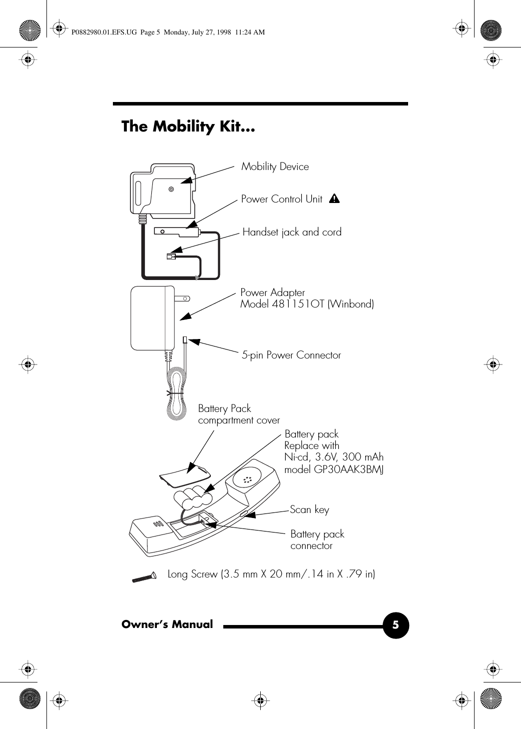  Owner’s Manual 5 The Mobility Kit...Mobility DevicePower Control Unit Handset jack and cord5-pin Power ConnectorBattery Pack Battery packBattery packScan keyconnectorPower AdapterReplace with Ni-cd, 3.6V, 300 mAh compartment covermodel GP30AAK3BMJModel 481151OT (Winbond)Long Screw (3.5 mm X 20 mm/.14 in X .79 in) P0882980.01.EFS.UG  Page 5  Monday, July 27, 1998  11:24 AM
