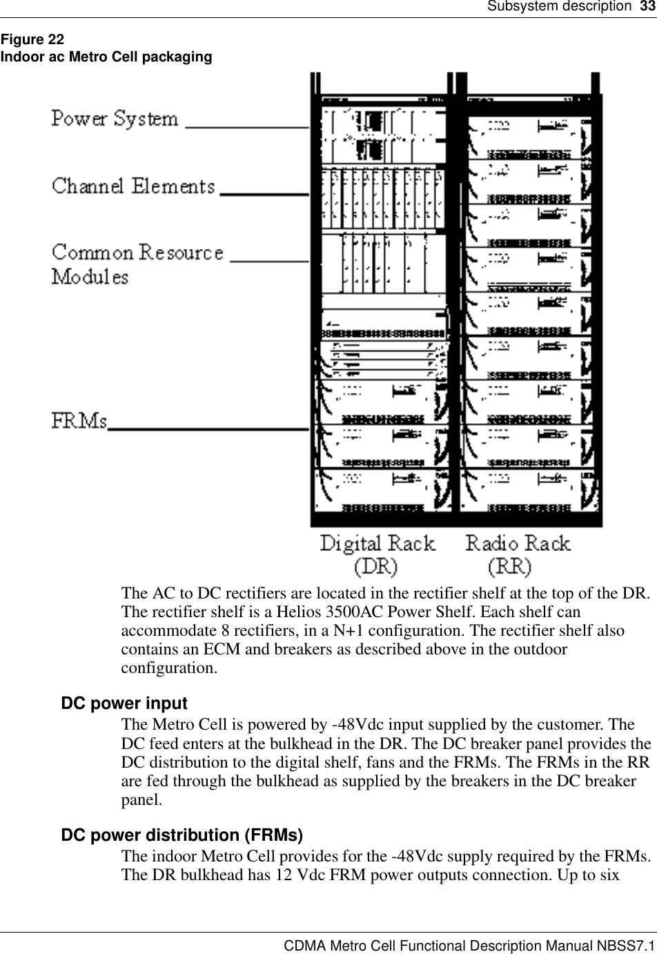 Subsystem description  33CDMA Metro Cell Functional Description Manual NBSS7.1Figure 22Indoor ac Metro Cell packagingThe AC to DC rectifiers are located in the rectifier shelf at the top of the DR. The rectifier shelf is a Helios 3500AC Power Shelf. Each shelf can accommodate 8 rectifiers, in a N+1 configuration. The rectifier shelf also contains an ECM and breakers as described above in the outdoor configuration.DC power inputThe Metro Cell is powered by -48Vdc input supplied by the customer. The DC feed enters at the bulkhead in the DR. The DC breaker panel provides the DC distribution to the digital shelf, fans and the FRMs. The FRMs in the RR are fed through the bulkhead as supplied by the breakers in the DC breaker panel.DC power distribution (FRMs)The indoor Metro Cell provides for the -48Vdc supply required by the FRMs. The DR bulkhead has 12 Vdc FRM power outputs connection. Up to six 