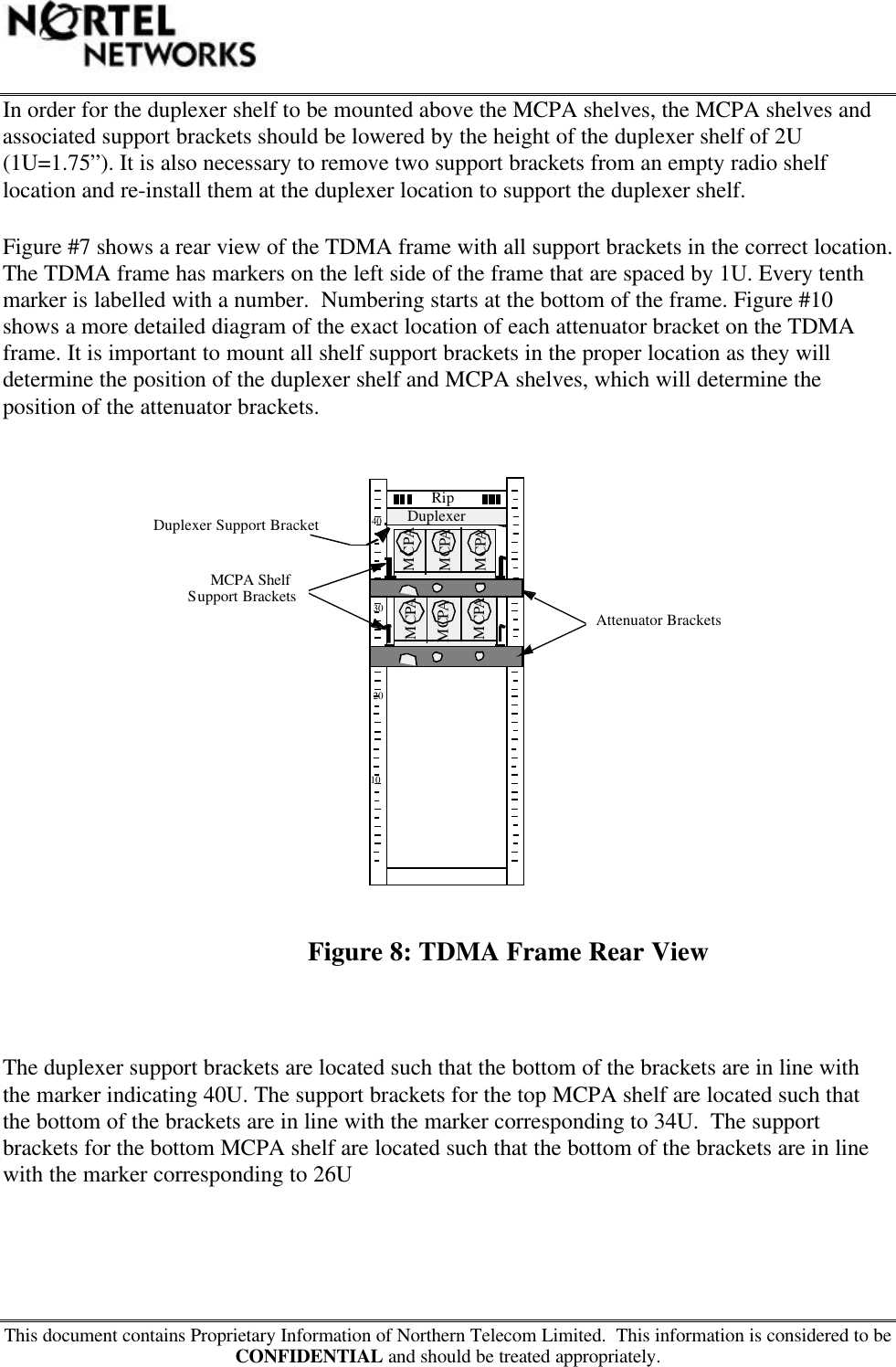 This document contains Proprietary Information of Northern Telecom Limited.  This information is considered to beCONFIDENTIAL and should be treated appropriately.In order for the duplexer shelf to be mounted above the MCPA shelves, the MCPA shelves andassociated support brackets should be lowered by the height of the duplexer shelf of 2U(1U=1.75”). It is also necessary to remove two support brackets from an empty radio shelflocation and re-install them at the duplexer location to support the duplexer shelf.Figure #7 shows a rear view of the TDMA frame with all support brackets in the correct location.The TDMA frame has markers on the left side of the frame that are spaced by 1U. Every tenthmarker is labelled with a number.  Numbering starts at the bottom of the frame. Figure #10shows a more detailed diagram of the exact location of each attenuator bracket on the TDMAframe. It is important to mount all shelf support brackets in the proper location as they willdetermine the position of the duplexer shelf and MCPA shelves, which will determine theposition of the attenuator brackets.                                                              Figure 8: TDMA Frame Rear ViewThe duplexer support brackets are located such that the bottom of the brackets are in line withthe marker indicating 40U. The support brackets for the top MCPA shelf are located such thatthe bottom of the brackets are in line with the marker corresponding to 34U.  The supportbrackets for the bottom MCPA shelf are located such that the bottom of the brackets are in linewith the marker corresponding to 26URip40302010MCPA DuplexerMCPA MCPA MCPA MCPA MCPA MCPA ShelfSupport BracketsDuplexer Support BracketAttenuator Brackets