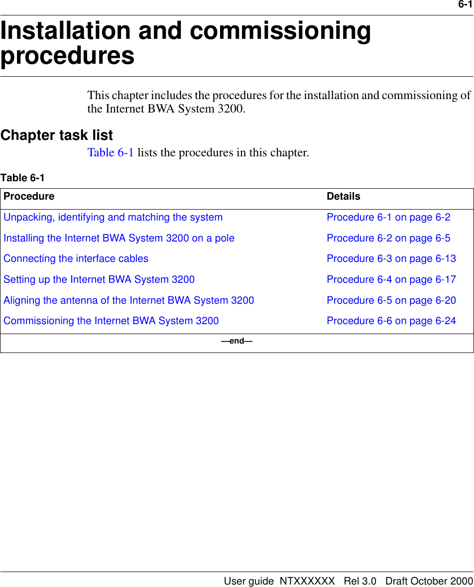 User guide  NTXXXXXX   Rel 3.0   Draft October 20006-1Installation and commissioning procedures 6-This chapter includes the procedures for the installation and commissioning of the Internet BWA System 3200.Chapter task listTable 6-1 lists the procedures in this chapter. Table 6-1Procedure DetailsUnpacking, identifying and matching the system Procedure 6-1 on page 6-2Installing the Internet BWA System 3200 on a pole Procedure 6-2 on page 6-5Connecting the interface cables Procedure 6-3 on page 6-13Setting up the Internet BWA System 3200 Procedure 6-4 on page 6-17Aligning the antenna of the Internet BWA System 3200 Procedure 6-5 on page 6-20Commissioning the Internet BWA System 3200 Procedure 6-6 on page 6-24—end—