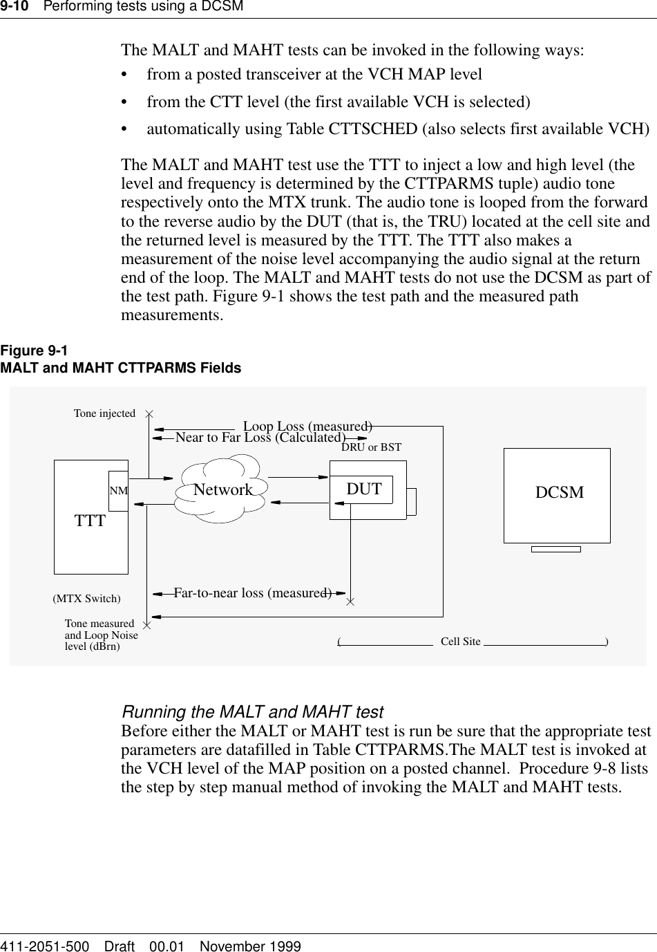9-10 Performing tests using a DCSM411-2051-500 Draft 00.01 November 1999The MALT and MAHT tests can be invoked in the following ways:• from a posted transceiver at the VCH MAP level• from the CTT level (the first available VCH is selected)• automatically using Table CTTSCHED (also selects first available VCH)The MALT and MAHT test use the TTT to inject a low and high level (the level and frequency is determined by the CTTPARMS tuple) audio tone respectively onto the MTX trunk. The audio tone is looped from the forward to the reverse audio by the DUT (that is, the TRU) located at the cell site and the returned level is measured by the TTT. The TTT also makes a measurement of the noise level accompanying the audio signal at the return end of the loop. The MALT and MAHT tests do not use the DCSM as part of the test path. Figure 9-1 shows the test path and the measured path measurements.Figure 9-1MALT and MAHT CTTPARMS FieldsRunning the MALT and MAHT testBefore either the MALT or MAHT test is run be sure that the appropriate test parameters are datafilled in Table CTTPARMS.The MALT test is invoked at the VCH level of the MAP position on a posted channel.  Procedure 9-8 lists the step by step manual method of invoking the MALT and MAHT tests.DCSMDUTTTTLoop Loss (measured)NM NetworkDRU or BSTFar-to-near loss (measured)Tone injectedTone measuredand Loop Noiselevel (dBrn)(MTX Switch)Cell Site()Near to Far Loss (Calculated)