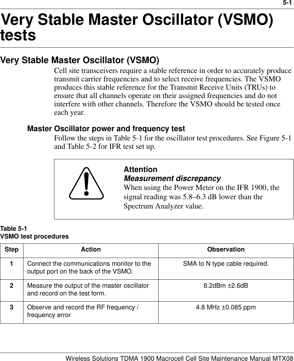 5-1Wireless Solutions TDMA 1900 Macrocell Cell Site Maintenance Manual MTX085Very Stable Master Oscillator (VSMO) testsVery Stable Master Oscillator (VSMO)Cell site transceivers require a stable reference in order to accurately produce transmit carrier frequencies and to select receive frequencies. The VSMO produces this stable reference for the Transmit Receive Units (TRUs) to ensure that all channels operate on their assigned frequencies and do not interfere with other channels. Therefore the VSMO should be tested once each year.Master Oscillator power and frequency testFollow the steps in Table 5-1 for the oscillator test procedures. See Figure 5-1 and Table 5-2 for IFR test set up.  AttentionMeasurement discrepancyWhen using the Power Meter on the IFR 1900, the signal reading was 5.8–6.3 dB lower than the Spectrum Analyzer value.Table 5-1VSMO test proceduresStep Action Observation1Connect the communications monitor to the output port on the back of the VSMO. SMA to N type cable required.2Measure the output of the master oscillator and record on the test form. 8.2dBm ±2.6dB3Observe and record the RF frequency / frequency error 4.8 MHz ±0.085 ppm