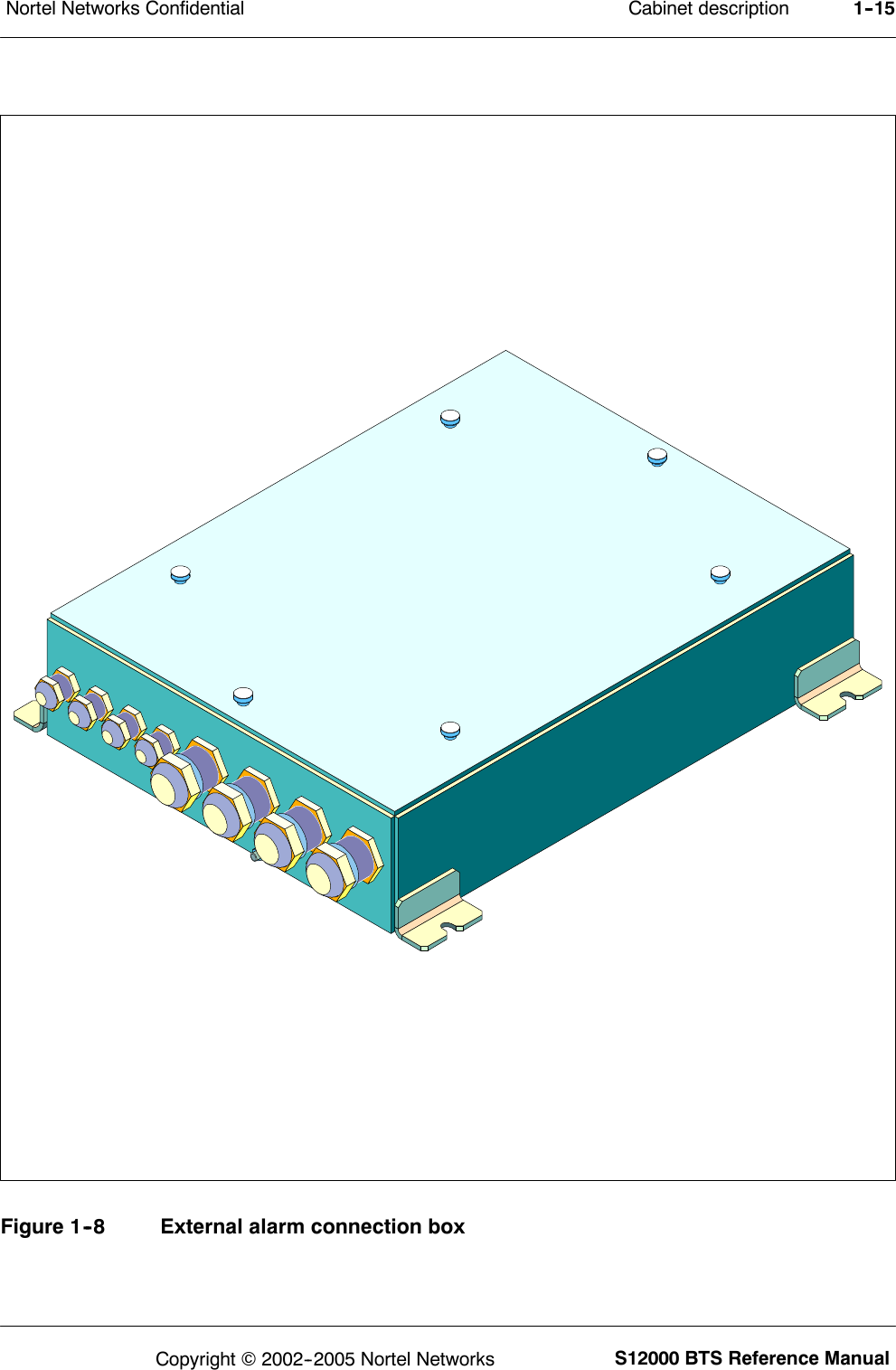 Cabinet descriptionNortel Networks Confidential 1--15S12000 BTS Reference ManualCopyright ©2002--2005 Nortel NetworksFigure 1--8 External alarm connection box