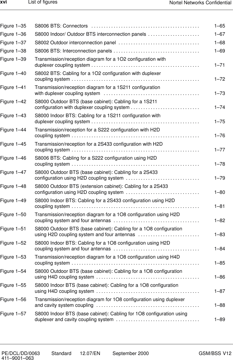 List of figures Nortel Networks ConfidentialxviPE/DCL/DD/0063411–9001–063 Standard      12.07/EN September 2000 GSM/BSS V12Figure 1–35 S8006 BTS: Connectors 1–65. . . . . . . . . . . . . . . . . . . . . . . . . . . . . . . . . . . . . . . . . . . . Figure 1–36 S8000 Indoor/ Outdoor BTS interconnection panels 1–67. . . . . . . . . . . . . . . . . . . . . Figure 1–37 S8002 Outdoor interconnection panel 1–68. . . . . . . . . . . . . . . . . . . . . . . . . . . . . . . . . Figure 1–38 S8006 BTS: Interconnection panels 1–69. . . . . . . . . . . . . . . . . . . . . . . . . . . . . . . . . . . Figure 1–39 Transmission/reception diagram for a 1O2 configuration with duplexer coupling system 1–71. . . . . . . . . . . . . . . . . . . . . . . . . . . . . . . . . . . . . . . . . . . . Figure 1–40 S8002 BTS: Cabling for a 1O2 configuration with duplexer coupling system 1–72. . . . . . . . . . . . . . . . . . . . . . . . . . . . . . . . . . . . . . . . . . . . . . . . . . . . Figure 1–41 Transmission/reception diagram for a 1S211 configuration with duplexer coupling system 1–73. . . . . . . . . . . . . . . . . . . . . . . . . . . . . . . . . . . . . . . Figure 1–42 S8000 Outdoor BTS (base cabinet): Cabling for a 1S211 configuration with duplexer coupling system 1–74. . . . . . . . . . . . . . . . . . . . . . . . . . . . Figure 1–43 S8000 Indoor BTS: Cabling for a 1S211 configuration with duplexer coupling system 1–75. . . . . . . . . . . . . . . . . . . . . . . . . . . . . . . . . . . . . . . . . . . . Figure 1–44 Transmission/reception for a S222 configuration with H2D coupling system 1–76. . . . . . . . . . . . . . . . . . . . . . . . . . . . . . . . . . . . . . . . . . . . . . . . . . . . Figure 1–45 Transmission/reception for a 2S433 configuration with H2D coupling system 1–77. . . . . . . . . . . . . . . . . . . . . . . . . . . . . . . . . . . . . . . . . . . . . . . . . . . . Figure 1–46 S8006 BTS: Cabling for a S222 configuration using H2D coupling system 1–78. . . . . . . . . . . . . . . . . . . . . . . . . . . . . . . . . . . . . . . . . . . . . . . . . . . . Figure 1–47 S8000 Outdoor BTS (base cabinet): Cabling for a 2S433 configuration using H2D coupling system 1–79. . . . . . . . . . . . . . . . . . . . . . . . . . . . . . Figure 1–48 S8000 Outdoor BTS (extension cabinet): Cabling for a 2S433 configuration using H2D coupling system 1–80. . . . . . . . . . . . . . . . . . . . . . . . . . . . . . Figure 1–49 S8000 Indoor BTS: Cabling for a 2S433 configuration using H2D coupling system 1–81. . . . . . . . . . . . . . . . . . . . . . . . . . . . . . . . . . . . . . . . . . . . . . . . . . . . Figure 1–50 Transmission/reception diagram for a 1O8 configuration using H2D coupling system and four antennas 1–82. . . . . . . . . . . . . . . . . . . . . . . . . . . . . . . . . . . Figure 1–51 S8000 Outdoor BTS (base cabinet): Cabling for a 1O8 configuration using H2D coupling system and four antennas 1–83. . . . . . . . . . . . . . . . . . . . . . . . . Figure 1–52 S8000 Indoor BTS: Cabling for a 1O8 configuration using H2D coupling system and four antennas 1–84. . . . . . . . . . . . . . . . . . . . . . . . . . . . . . . . . . . Figure 1–53 Transmission/reception diagram for a 1O8 configuration using H4D coupling system 1–85. . . . . . . . . . . . . . . . . . . . . . . . . . . . . . . . . . . . . . . . . . . . . . . . . . . . Figure 1–54 S8000 Outdoor BTS (base cabinet): Cabling for a 1O8 configuration using H4D coupling system 1–86. . . . . . . . . . . . . . . . . . . . . . . . . . . . . . . . . . . . . . . . . . Figure 1–55 S8000 Indoor BTS (base cabinet): Cabling for a 1O8 configuration using H4D coupling system 1–87. . . . . . . . . . . . . . . . . . . . . . . . . . . . . . . . . . . . . . . . . . Figure 1–56 Transmission/reception diagram for 1O8 configuration using duplexer and cavity system coupling 1–88. . . . . . . . . . . . . . . . . . . . . . . . . . . . . . . . . . . . . . . . . . Figure 1–57 S8000 Indoor BTS (base cabinet): Cabling for 1O8 configuration using duplexer and cavity coupling system 1–89. . . . . . . . . . . . . . . . . . . . . . . . . . . . . . . . . . 