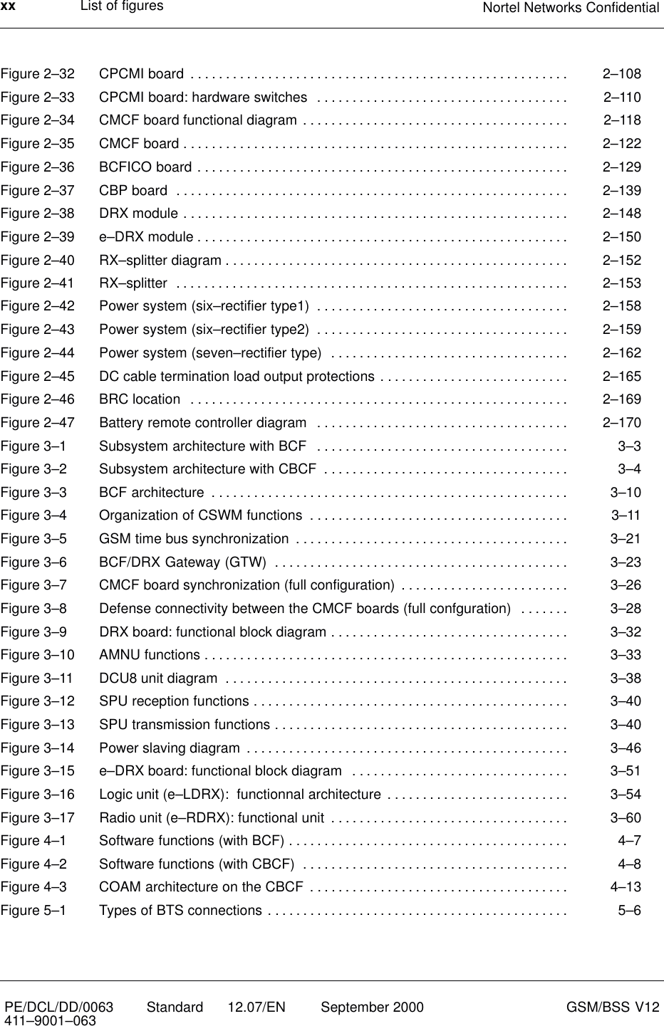 List of figures Nortel Networks ConfidentialxxPE/DCL/DD/0063411–9001–063 Standard      12.07/EN September 2000 GSM/BSS V12Figure 2–32 CPCMI board 2–108. . . . . . . . . . . . . . . . . . . . . . . . . . . . . . . . . . . . . . . . . . . . . . . . . . . . . . Figure 2–33 CPCMI board: hardware switches 2–110. . . . . . . . . . . . . . . . . . . . . . . . . . . . . . . . . . . . Figure 2–34 CMCF board functional diagram 2–118. . . . . . . . . . . . . . . . . . . . . . . . . . . . . . . . . . . . . . Figure 2–35 CMCF board 2–122. . . . . . . . . . . . . . . . . . . . . . . . . . . . . . . . . . . . . . . . . . . . . . . . . . . . . . . Figure 2–36 BCFICO board 2–129. . . . . . . . . . . . . . . . . . . . . . . . . . . . . . . . . . . . . . . . . . . . . . . . . . . . . Figure 2–37 CBP board 2–139. . . . . . . . . . . . . . . . . . . . . . . . . . . . . . . . . . . . . . . . . . . . . . . . . . . . . . . . Figure 2–38 DRX module 2–148. . . . . . . . . . . . . . . . . . . . . . . . . . . . . . . . . . . . . . . . . . . . . . . . . . . . . . . Figure 2–39 e–DRX module 2–150. . . . . . . . . . . . . . . . . . . . . . . . . . . . . . . . . . . . . . . . . . . . . . . . . . . . . Figure 2–40 RX–splitter diagram 2–152. . . . . . . . . . . . . . . . . . . . . . . . . . . . . . . . . . . . . . . . . . . . . . . . . Figure 2–41 RX–splitter 2–153. . . . . . . . . . . . . . . . . . . . . . . . . . . . . . . . . . . . . . . . . . . . . . . . . . . . . . . . Figure 2–42 Power system (six–rectifier type1) 2–158. . . . . . . . . . . . . . . . . . . . . . . . . . . . . . . . . . . . Figure 2–43 Power system (six–rectifier type2) 2–159. . . . . . . . . . . . . . . . . . . . . . . . . . . . . . . . . . . . Figure 2–44 Power system (seven–rectifier type) 2–162. . . . . . . . . . . . . . . . . . . . . . . . . . . . . . . . . . Figure 2–45 DC cable termination load output protections 2–165. . . . . . . . . . . . . . . . . . . . . . . . . . . Figure 2–46 BRC location 2–169. . . . . . . . . . . . . . . . . . . . . . . . . . . . . . . . . . . . . . . . . . . . . . . . . . . . . . Figure 2–47 Battery remote controller diagram 2–170. . . . . . . . . . . . . . . . . . . . . . . . . . . . . . . . . . . . Figure 3–1 Subsystem architecture with BCF 3–3. . . . . . . . . . . . . . . . . . . . . . . . . . . . . . . . . . . . Figure 3–2 Subsystem architecture with CBCF 3–4. . . . . . . . . . . . . . . . . . . . . . . . . . . . . . . . . . . Figure 3–3 BCF architecture 3–10. . . . . . . . . . . . . . . . . . . . . . . . . . . . . . . . . . . . . . . . . . . . . . . . . . . Figure 3–4 Organization of CSWM functions 3–11. . . . . . . . . . . . . . . . . . . . . . . . . . . . . . . . . . . . . Figure 3–5 GSM time bus synchronization 3–21. . . . . . . . . . . . . . . . . . . . . . . . . . . . . . . . . . . . . . . Figure 3–6 BCF/DRX Gateway (GTW) 3–23. . . . . . . . . . . . . . . . . . . . . . . . . . . . . . . . . . . . . . . . . . Figure 3–7 CMCF board synchronization (full configuration) 3–26. . . . . . . . . . . . . . . . . . . . . . . . Figure 3–8 Defense connectivity between the CMCF boards (full confguration) 3–28. . . . . . . Figure 3–9 DRX board: functional block diagram 3–32. . . . . . . . . . . . . . . . . . . . . . . . . . . . . . . . . . Figure 3–10 AMNU functions 3–33. . . . . . . . . . . . . . . . . . . . . . . . . . . . . . . . . . . . . . . . . . . . . . . . . . . . Figure 3–11 DCU8 unit diagram 3–38. . . . . . . . . . . . . . . . . . . . . . . . . . . . . . . . . . . . . . . . . . . . . . . . . Figure 3–12 SPU reception functions 3–40. . . . . . . . . . . . . . . . . . . . . . . . . . . . . . . . . . . . . . . . . . . . . Figure 3–13 SPU transmission functions 3–40. . . . . . . . . . . . . . . . . . . . . . . . . . . . . . . . . . . . . . . . . . Figure 3–14 Power slaving diagram 3–46. . . . . . . . . . . . . . . . . . . . . . . . . . . . . . . . . . . . . . . . . . . . . . Figure 3–15 e–DRX board: functional block diagram 3–51. . . . . . . . . . . . . . . . . . . . . . . . . . . . . . . Figure 3–16 Logic unit (e–LDRX):  functionnal architecture 3–54. . . . . . . . . . . . . . . . . . . . . . . . . . Figure 3–17 Radio unit (e–RDRX): functional unit 3–60. . . . . . . . . . . . . . . . . . . . . . . . . . . . . . . . . . Figure 4–1 Software functions (with BCF) 4–7. . . . . . . . . . . . . . . . . . . . . . . . . . . . . . . . . . . . . . . . Figure 4–2 Software functions (with CBCF) 4–8. . . . . . . . . . . . . . . . . . . . . . . . . . . . . . . . . . . . . . Figure 4–3 COAM architecture on the CBCF 4–13. . . . . . . . . . . . . . . . . . . . . . . . . . . . . . . . . . . . . Figure 5–1 Types of BTS connections 5–6. . . . . . . . . . . . . . . . . . . . . . . . . . . . . . . . . . . . . . . . . . . 