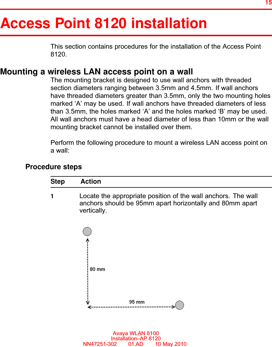 15.Access Point 8120 installationThis section contains procedures for the installation of the Access Point8120.Mounting a wireless LAN access point on a wallThe mounting bracket is designed to use wall anchors with threadedsection diameters ranging between 3.5mm and 4.5mm. If wall anchorshave threaded diameters greater than 3.5mm, only the two mounting holesmarked ‘A’ may be used. If wall anchors have threaded diameters of lessthan 3.5mm, the holes marked ‘A’ and the holes marked ‘B’ may be used.All wall anchors must have a head diameter of less than 10mm or the wallmounting bracket cannot be installed over them.Perform the following procedure to mount a wireless LAN access point ona wall:Procedure stepsStep Action1Locate the appropriate position of the wall anchors. The wallanchors should be 95mm apart horizontally and 80mm apartvertically.Avaya WLAN 8100Installation–AP 8120NN47251-302     01.AD       10 May 2010.
