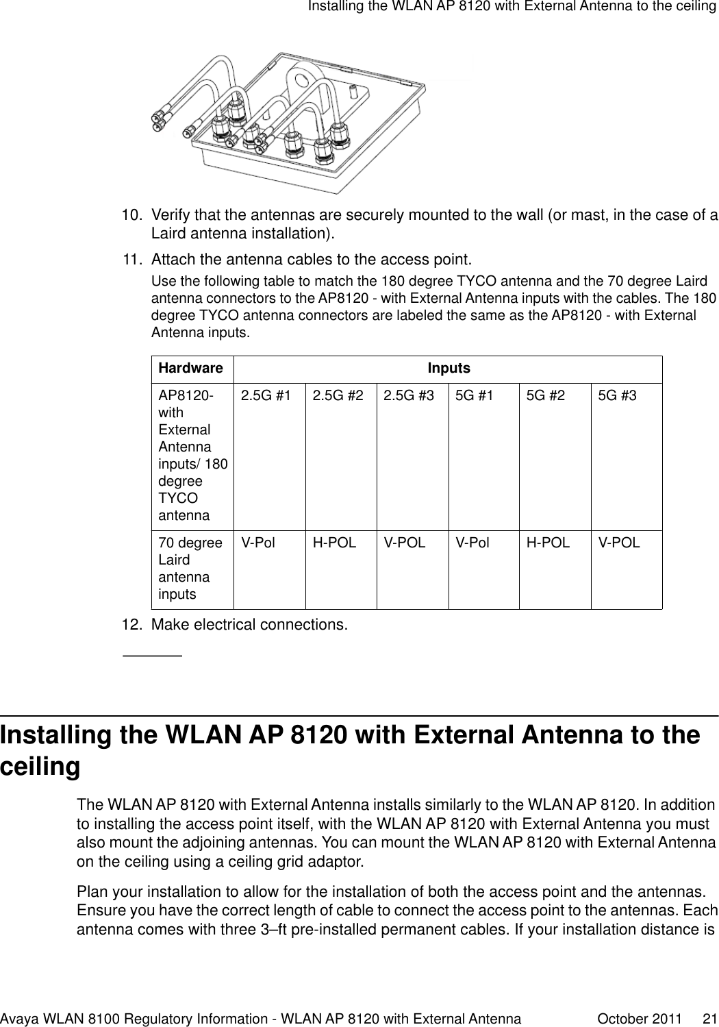 10. Verify that the antennas are securely mounted to the wall (or mast, in the case of aLaird antenna installation).11. Attach the antenna cables to the access point.Use the following table to match the 180 degree TYCO antenna and the 70 degree Lairdantenna connectors to the AP8120 - with External Antenna inputs with the cables. The 180degree TYCO antenna connectors are labeled the same as the AP8120 - with ExternalAntenna inputs.Hardware InputsAP8120-withExternalAntennainputs/ 180degreeTYCOantenna2.5G #1 2.5G #2 2.5G #3 5G #1 5G #2 5G #370 degreeLairdantennainputsV-Pol H-POL V-POL V-Pol H-POL V-POL12. Make electrical connections.Installing the WLAN AP 8120 with External Antenna to theceilingThe WLAN AP 8120 with External Antenna installs similarly to the WLAN AP 8120. In additionto installing the access point itself, with the WLAN AP 8120 with External Antenna you mustalso mount the adjoining antennas. You can mount the WLAN AP 8120 with External Antennaon the ceiling using a ceiling grid adaptor.Plan your installation to allow for the installation of both the access point and the antennas.Ensure you have the correct length of cable to connect the access point to the antennas. Eachantenna comes with three 3–ft pre-installed permanent cables. If your installation distance isInstalling the WLAN AP 8120 with External Antenna to the ceilingAvaya WLAN 8100 Regulatory Information - WLAN AP 8120 with External Antenna October 2011     21