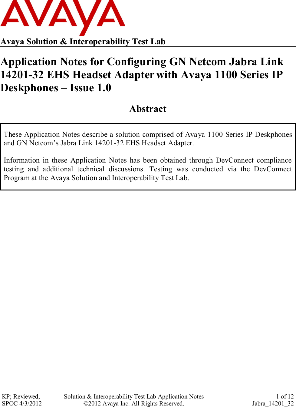 Page 1 of 12 - Avaya Avaya-1100-Series-Application-Note- Application Notes For Configuring GN Netcom Jabra Link 14201-32 EHS Headset Adapter With 1100 Series IP Deskphones  Avaya-1100-series-application-note
