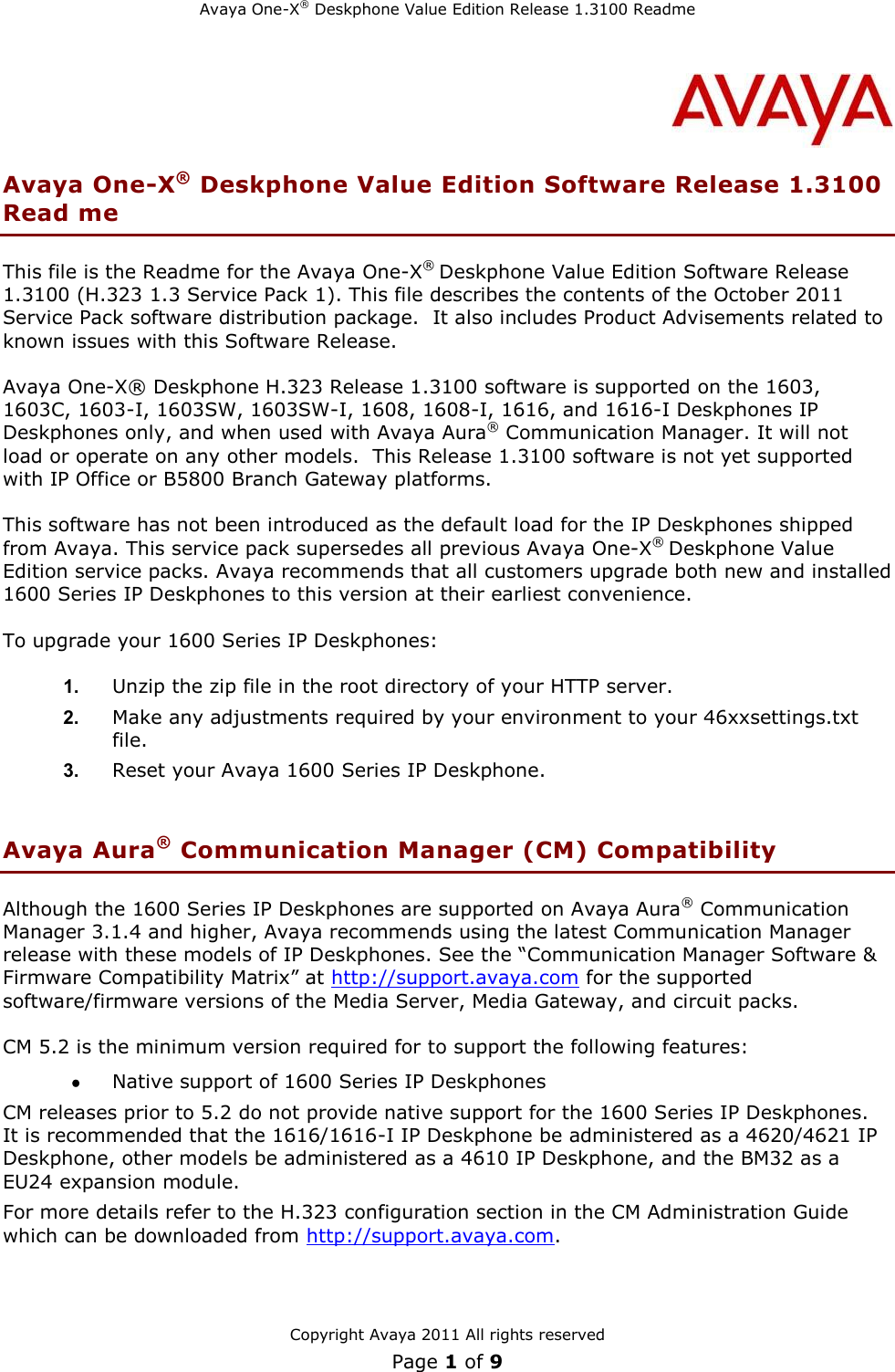 Page 1 of 9 - Avaya Avaya-1600-Series-H323-3-Service-Pack-1-Users-Manual- H.323 Release 1.3100 Readme  Avaya-1600-series-h323-3-service-pack-1-users-manual