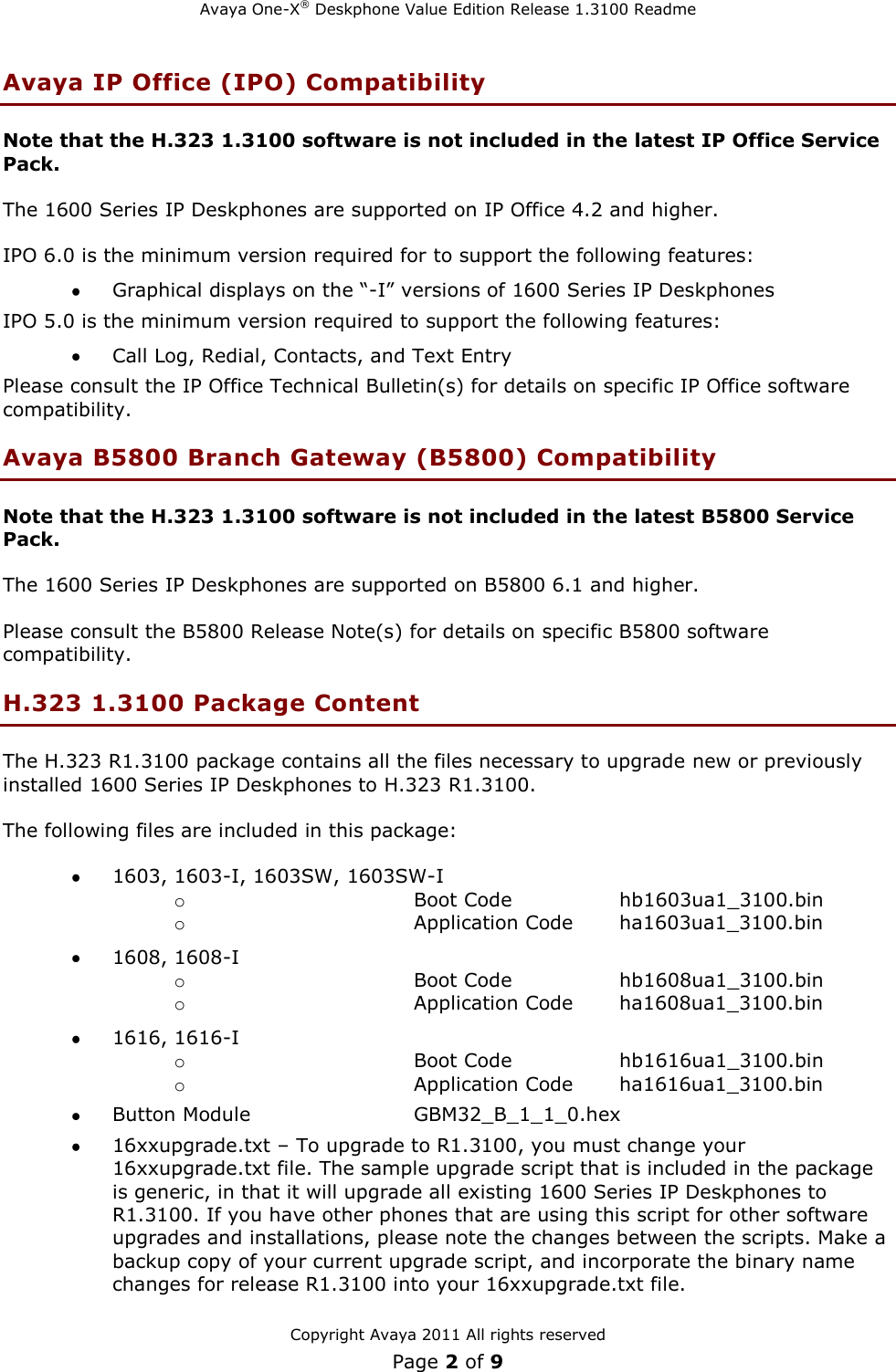 Page 2 of 9 - Avaya Avaya-1600-Series-H323-3-Service-Pack-1-Users-Manual- H.323 Release 1.3100 Readme  Avaya-1600-series-h323-3-service-pack-1-users-manual