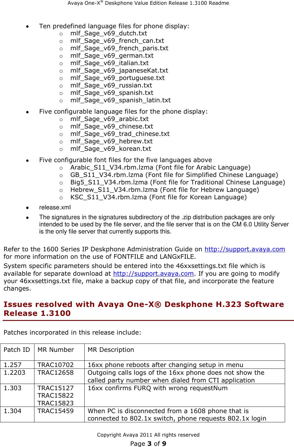 Page 3 of 9 - Avaya Avaya-1600-Series-H323-3-Service-Pack-1-Users-Manual- H.323 Release 1.3100 Readme  Avaya-1600-series-h323-3-service-pack-1-users-manual