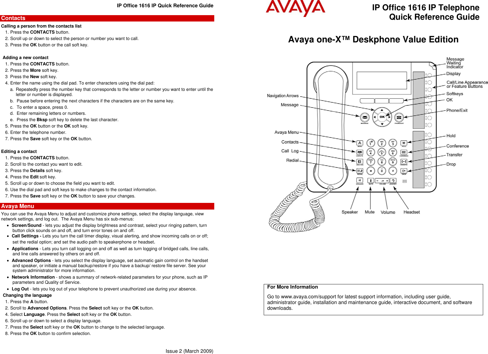 Page 1 of 2 - Avaya Avaya-1616-Ip-Office-Quick-Reference-Guide 1616qrg_en