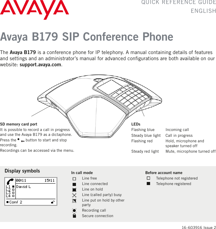 Page 1 of 4 - Avaya Avaya-B179-Sip-Conference-Phone-Quick-Reference-Guide-  Avaya-b179-sip-conference-phone-quick-reference-guide