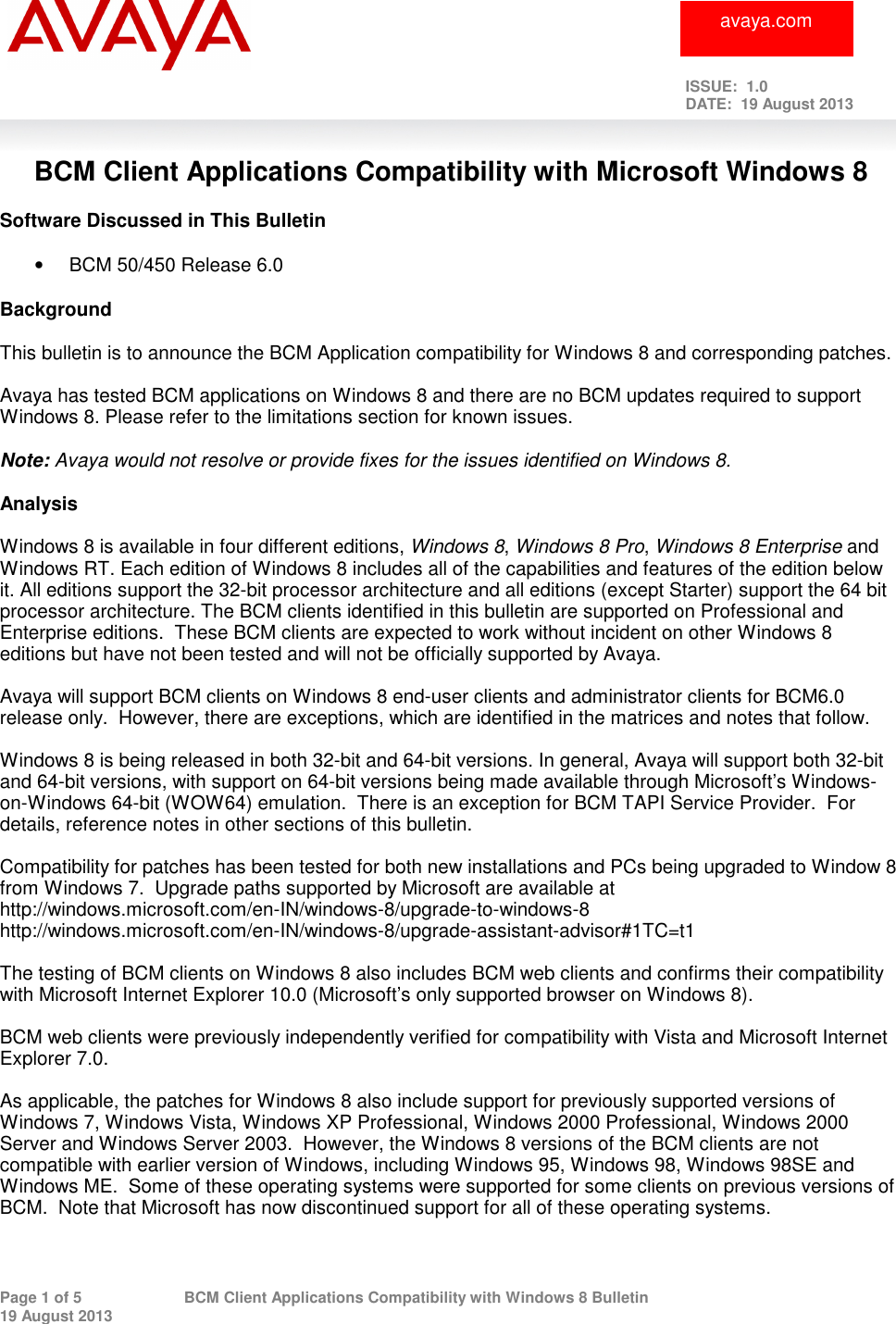 Page 1 of 5 - Avaya Avaya-Bcm-Client-Applications-Compatibility-With-Microsoft-Windows-8-Users-Manual Windows 8 Compatibility Launch Bulletin