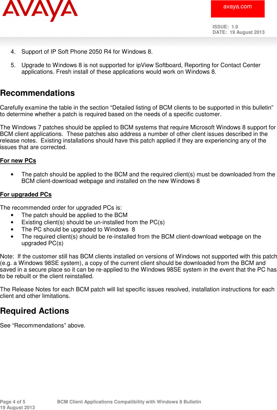 Page 4 of 5 - Avaya Avaya-Bcm-Client-Applications-Compatibility-With-Microsoft-Windows-8-Users-Manual Windows 8 Compatibility Launch Bulletin