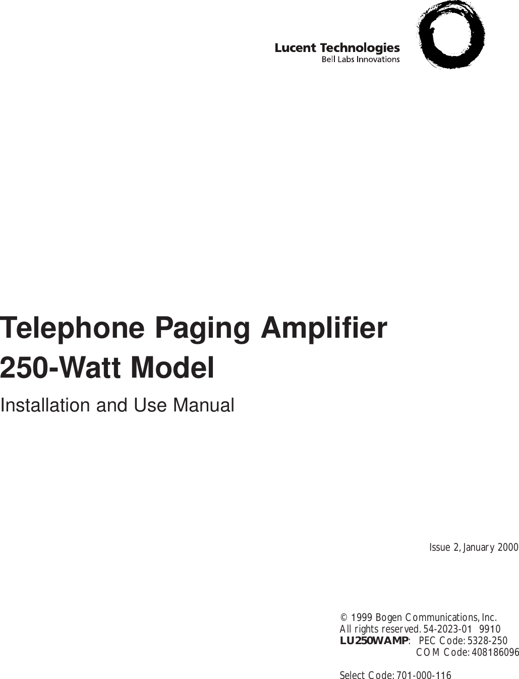 Page 1 of 12 - Avaya Avaya-Bogen-Telephone-Paging-Amplifier-250-Watt--Installation-And-Use-Manual-  Avaya-bogen-telephone-paging-amplifier-250-watt--installation-and-use-manual