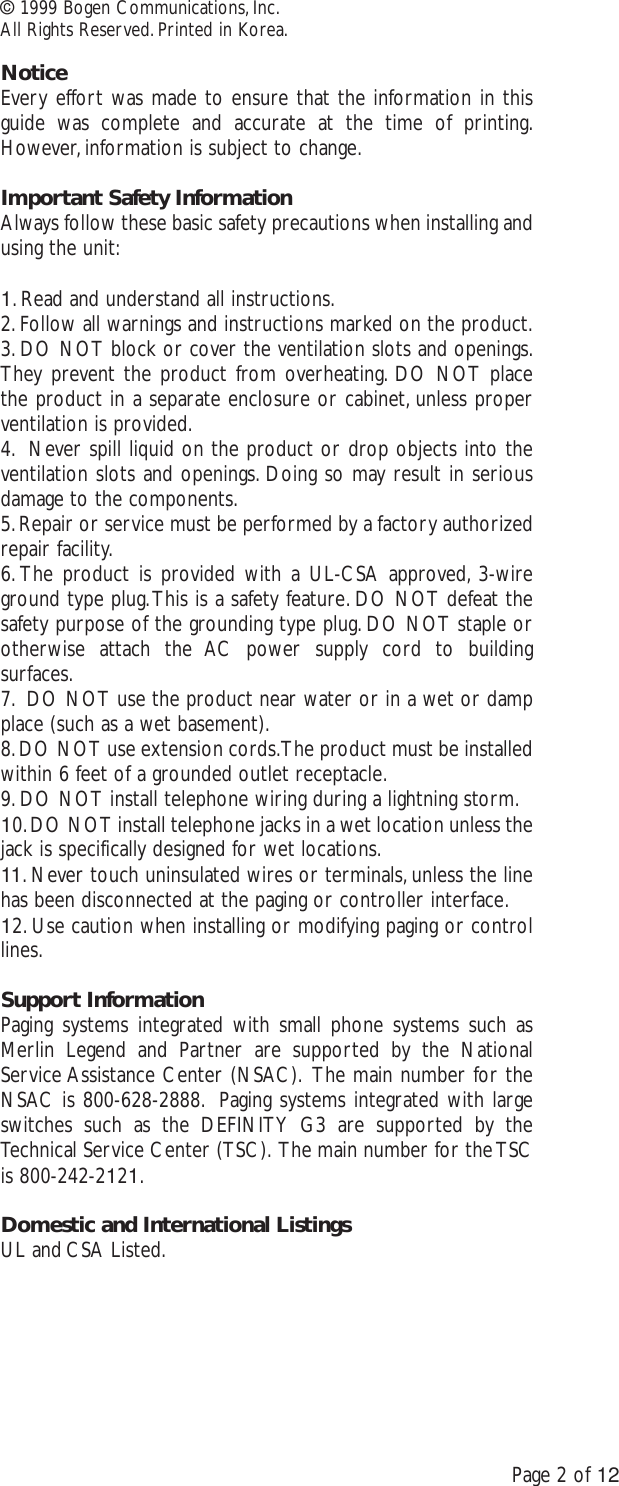 Page 2 of 12 - Avaya Avaya-Bogen-Telephone-Paging-Amplifier-250-Watt--Installation-And-Use-Manual-  Avaya-bogen-telephone-paging-amplifier-250-watt--installation-and-use-manual