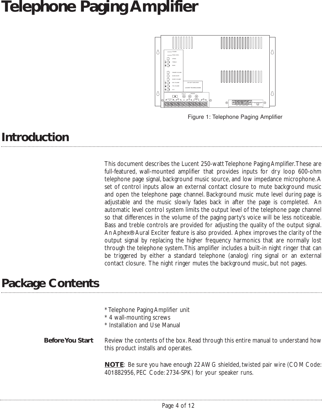 Page 4 of 12 - Avaya Avaya-Bogen-Telephone-Paging-Amplifier-250-Watt--Installation-And-Use-Manual-  Avaya-bogen-telephone-paging-amplifier-250-watt--installation-and-use-manual