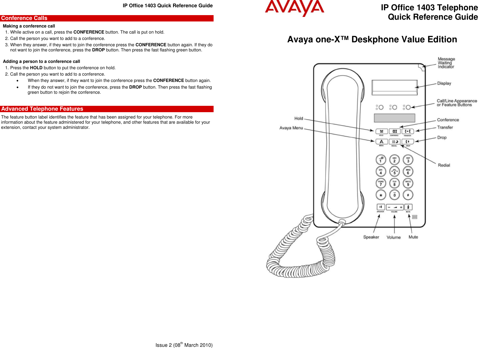 Avaya Ip Office 1403 Quick Reference Guide 1603