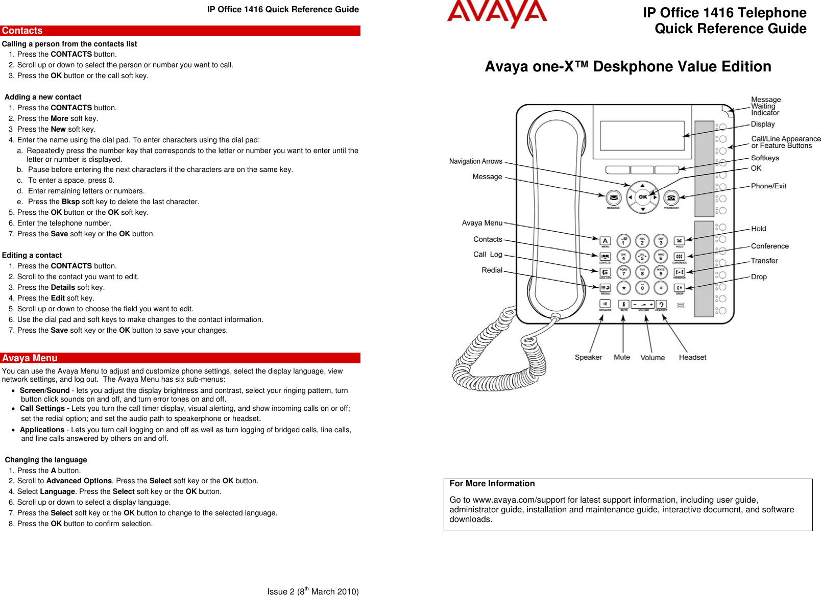 Avaya Ip Office 1416 Quick Reference Guide 1616