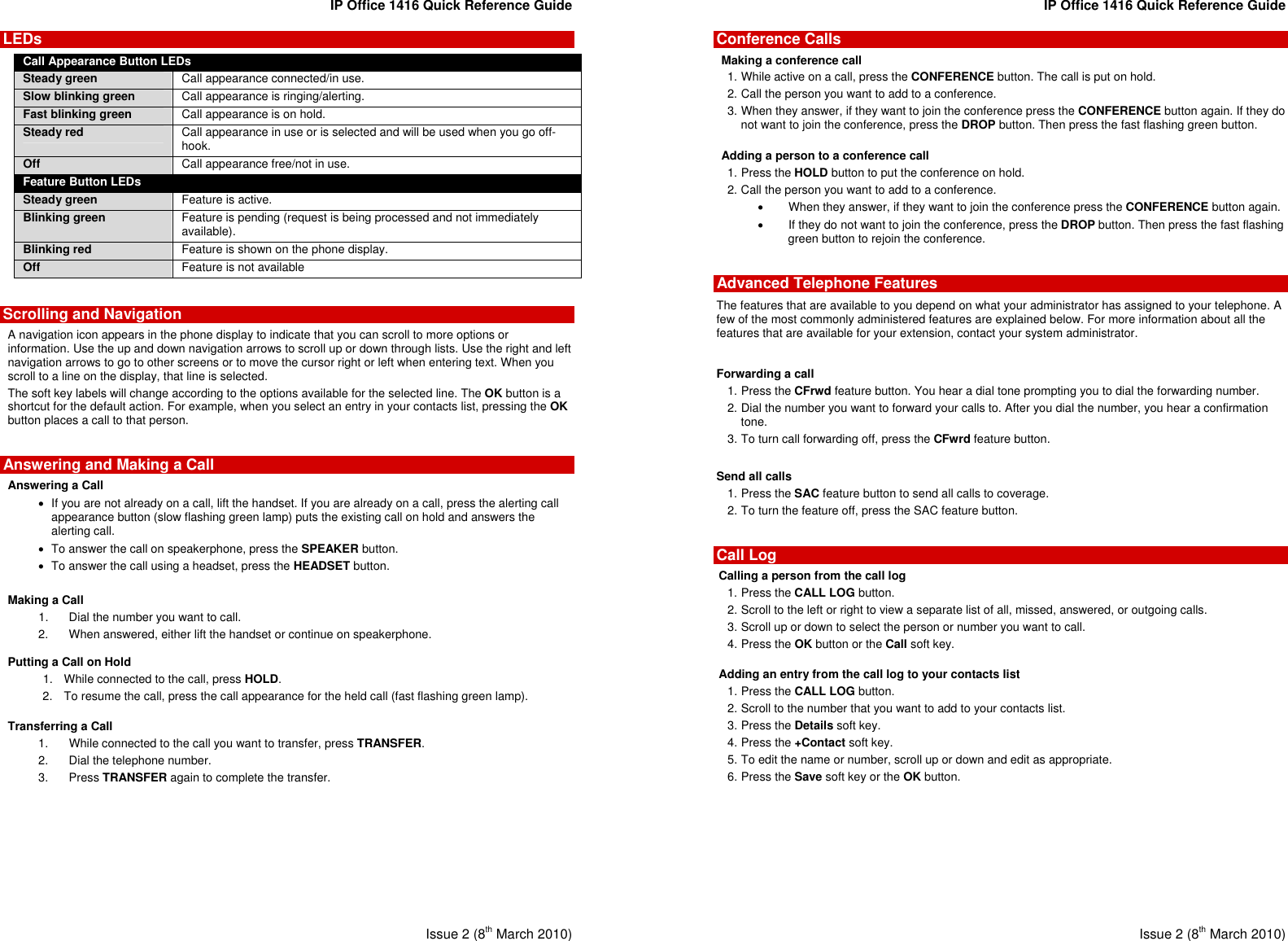 Avaya Ip Office 1416 Quick Reference Guide 1616