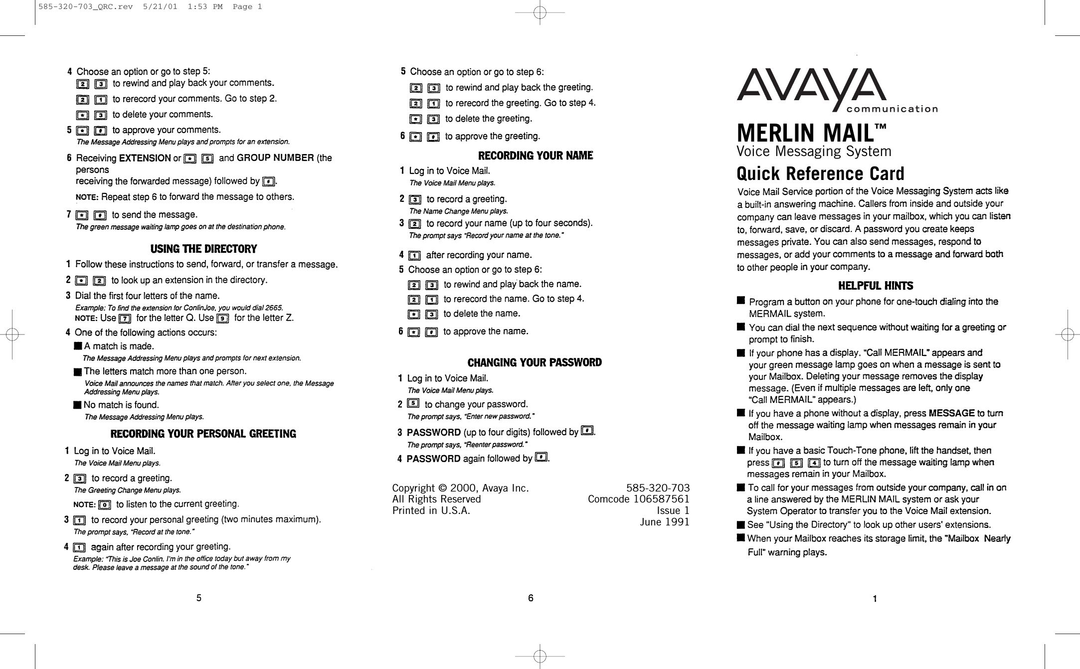 Page 1 of 2 - Avaya Avaya-Merlin-Mail-Voice-Messaging-System-Quick-Reference-Guide-  Avaya-merlin-mail-voice-messaging-system-quick-reference-guide