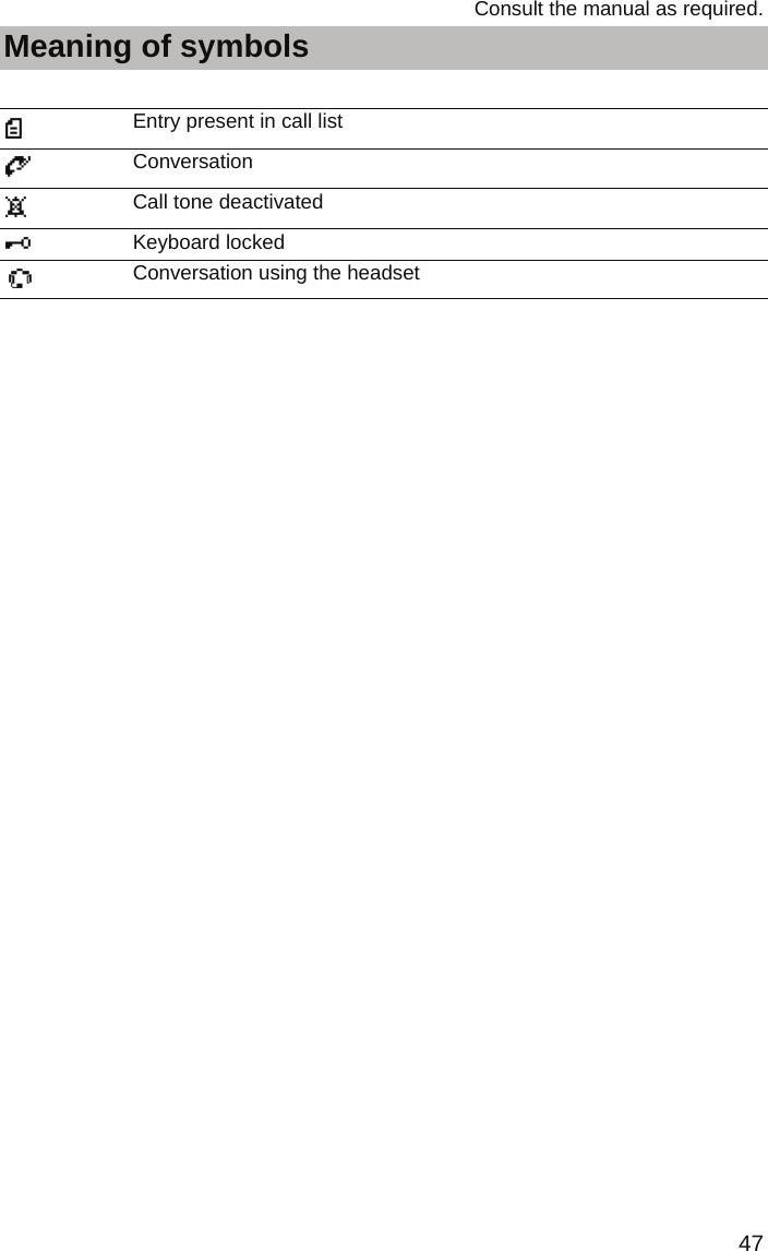 47Consult the manual as required.Meaning of symbolsMeaning of  symbols  Entry present in call listConversationCall tone deactivatedKeyboard lockedConversation using the headset