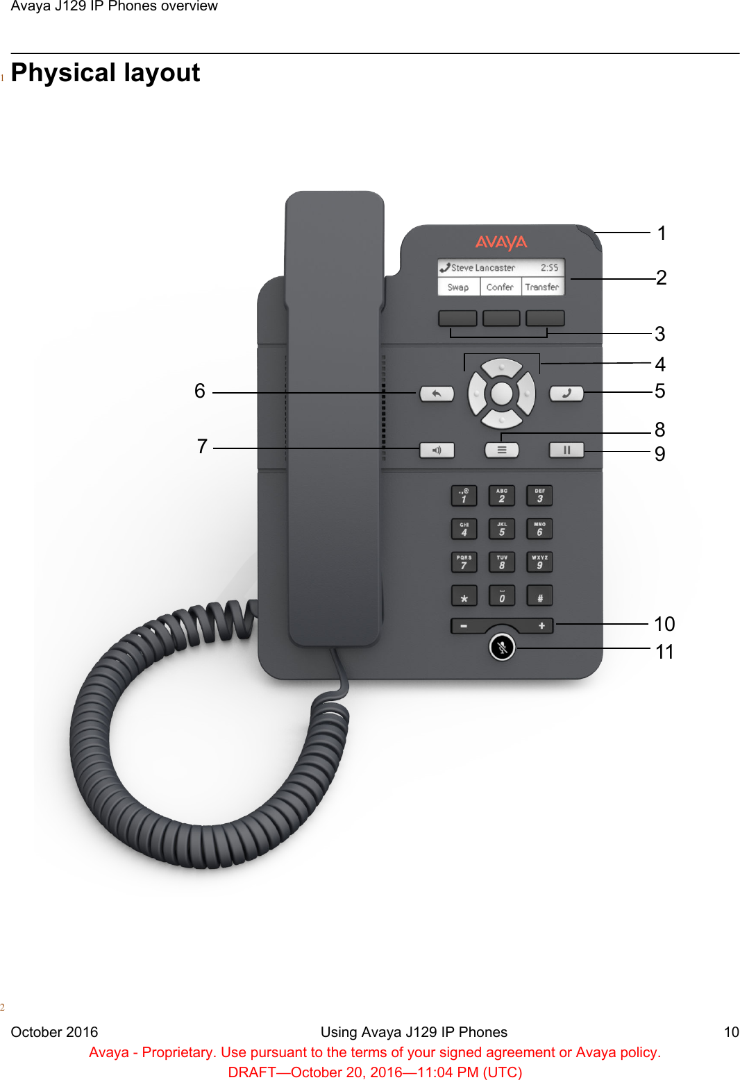 Physical layout132467589101112Avaya J129 IP Phones overviewOctober 2016 Using Avaya J129 IP Phones 10Avaya - Proprietary. Use pursuant to the terms of your signed agreement or Avaya policy.DRAFT—October 20, 2016—11:04 PM (UTC)