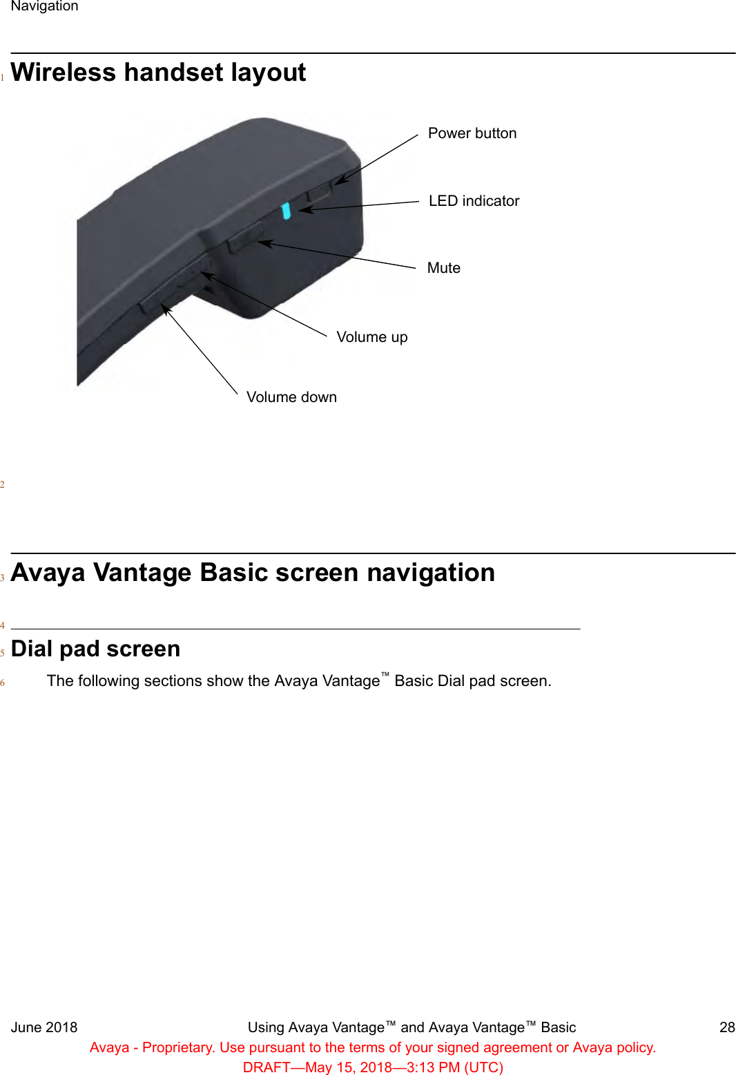 Wireless handset layout1Power buttonLED indicatorMuteVolume upVolume down2Avaya Vantage Basic screen navigation34Dial pad screen5The following sections show the Avaya Vantage™ Basic Dial pad screen.6NavigationJune 2018 Using Avaya Vantage™ and Avaya Vantage™ Basic 28Avaya - Proprietary. Use pursuant to the terms of your signed agreement or Avaya policy.DRAFT—May 15, 2018—3:13 PM (UTC)