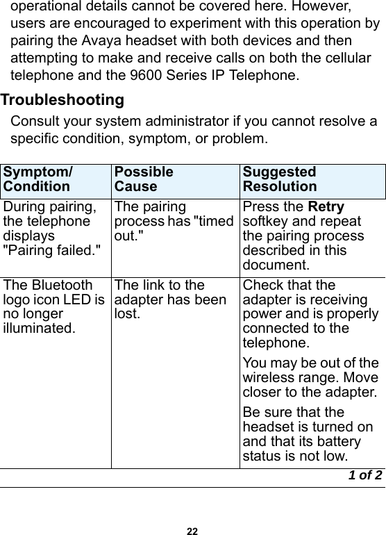 22operational details cannot be covered here. However, users are encouraged to experiment with this operation by pairing the Avaya headset with both devices and then attempting to make and receive calls on both the cellular telephone and the 9600 Series IP Telephone.TroubleshootingConsult your system administrator if you cannot resolve a specific condition, symptom, or problem.Symptom/Condition Possible Cause  SuggestedResolution During pairing, the telephone displays &quot;Pairing failed.&quot;The pairing process has &quot;timed out.&quot;Press the Retry softkey and repeat the pairing process described in this document.The Bluetooth logo icon LED is no longer illuminated. The link to the adapter has been lost.Check that the adapter is receiving power and is properly connected to the telephone. You may be out of the wireless range. Move closer to the adapter.Be sure that the headset is turned on and that its battery status is not low.1 of 2