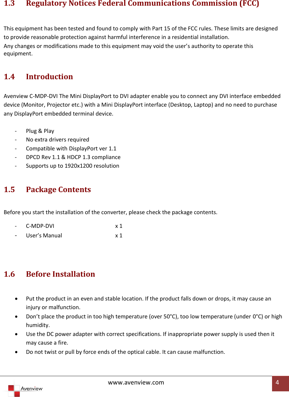 Page 4 of 7 - Avenview Avenview-C-Mdp-Dvi-Users-Manual- C-MDP-DVI User Guide  Avenview-c-mdp-dvi-users-manual