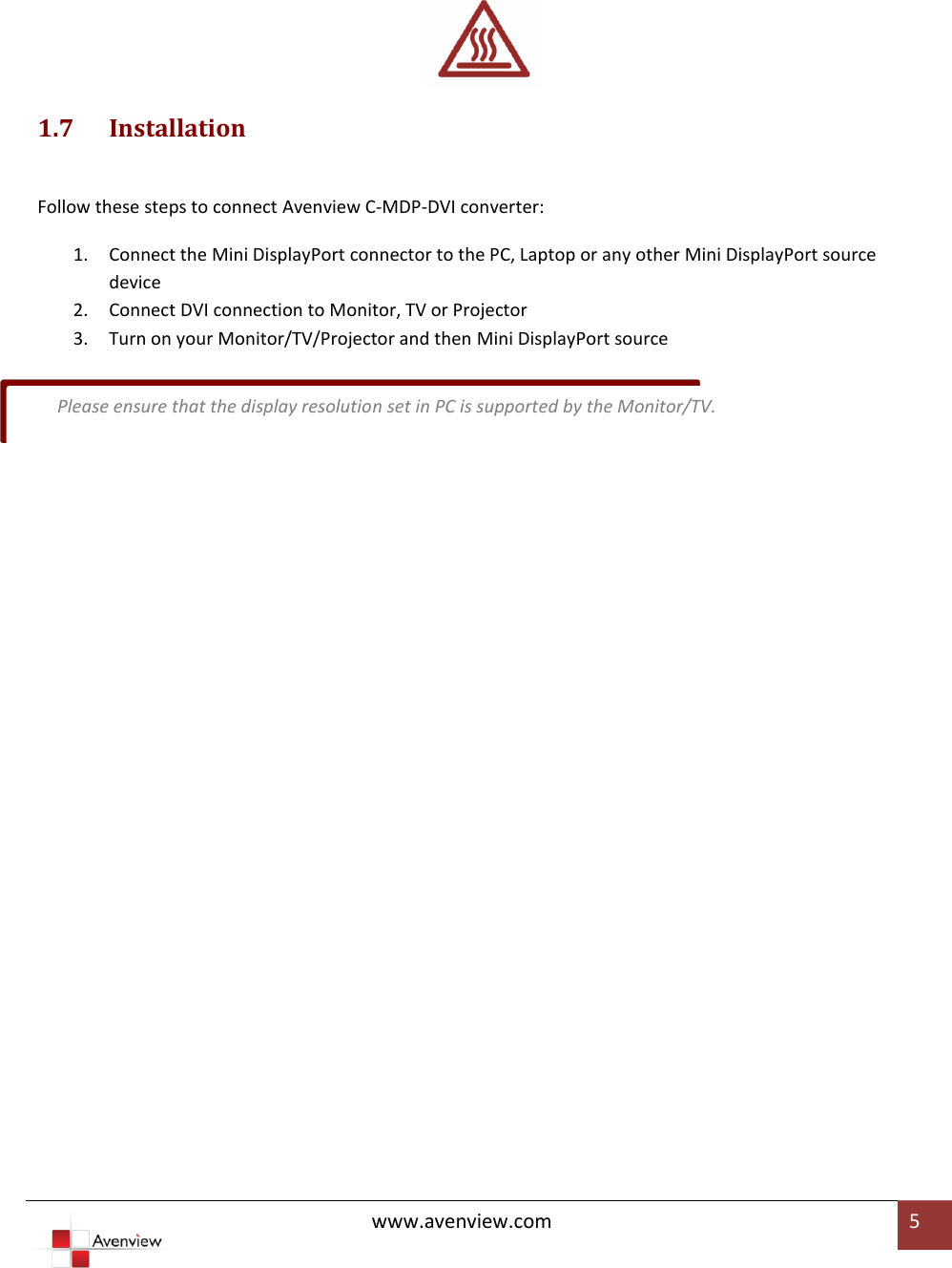 Page 5 of 7 - Avenview Avenview-C-Mdp-Dvi-Users-Manual- C-MDP-DVI User Guide  Avenview-c-mdp-dvi-users-manual