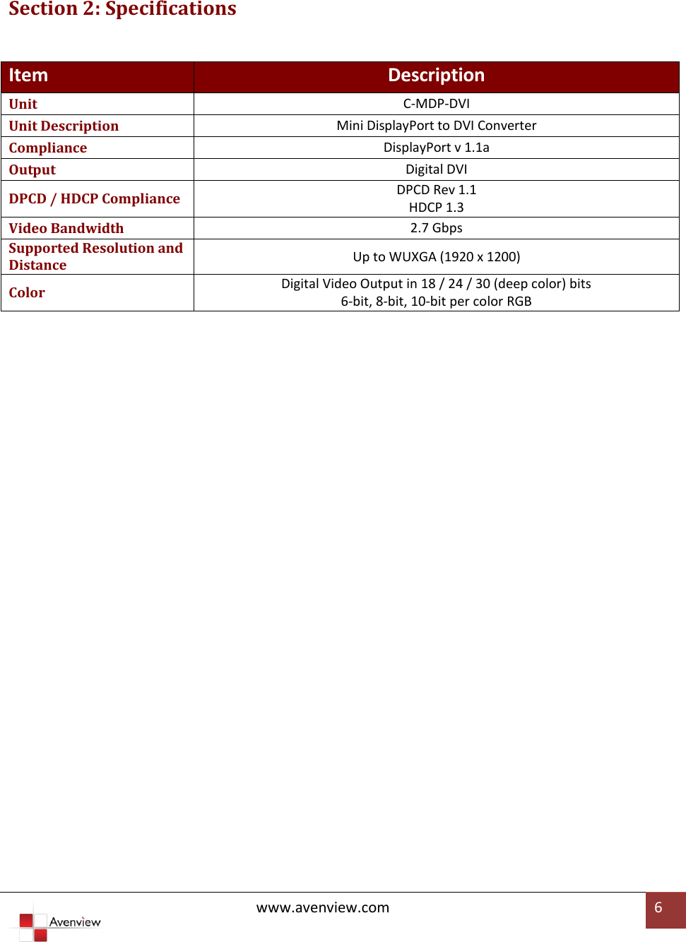 Page 6 of 7 - Avenview Avenview-C-Mdp-Dvi-Users-Manual- C-MDP-DVI User Guide  Avenview-c-mdp-dvi-users-manual
