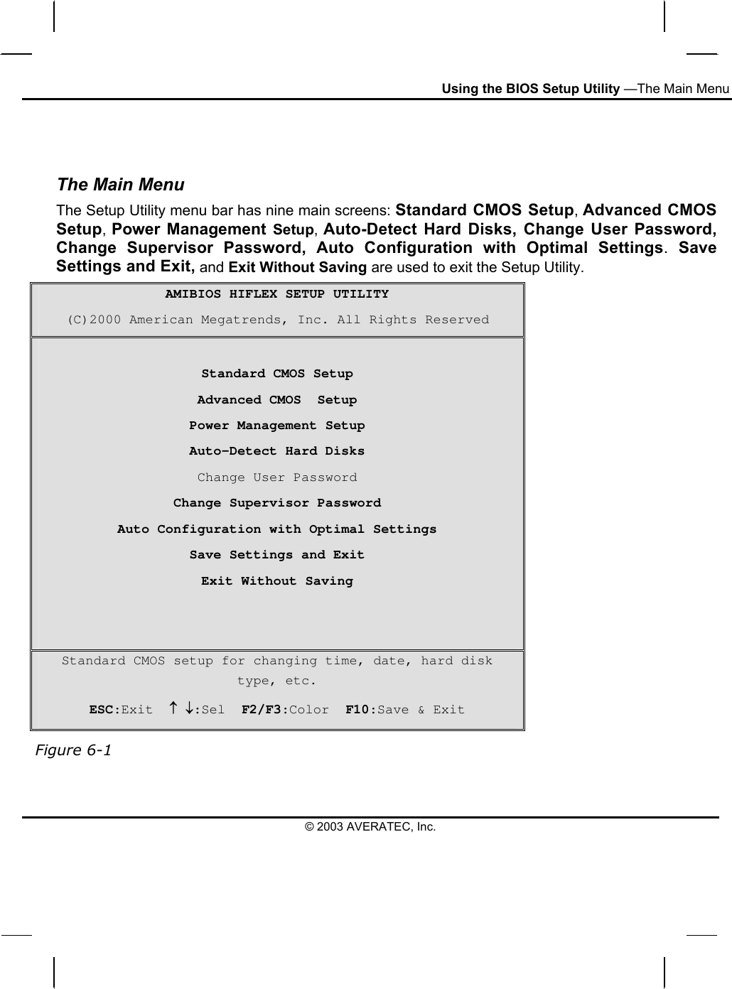 Using the BIOS Setup Utility —The Main Menu   The Main Menu The Setup Utility menu bar has nine main screens: Standard CMOS Setup, Advanced CMOS Setup, Power Management Setup, Auto-Detect Hard Disks, Change User Password, Change Supervisor Password, Auto Configuration with Optimal Settings. Save Settings and Exit, and Exit Without Saving are used to exit the Setup Utility. AMIBIOS HIFLEX SETUP UTILITY (C)2000 American Megatrends, Inc. All Rights Reserved  Standard CMOS Setup Advanced CMOS  Setup Power Management Setup Auto-Detect Hard Disks Change User Password Change Supervisor Password Auto Configuration with Optimal Settings Save Settings and Exit Exit Without Saving   Standard CMOS setup for changing time, date, hard disk type, etc. ESC:Exit  ↑ ↓:Sel  F2/F3:Color  F10:Save &amp; Exit  Figure 6-1 © 2003 AVERATEC, Inc. 