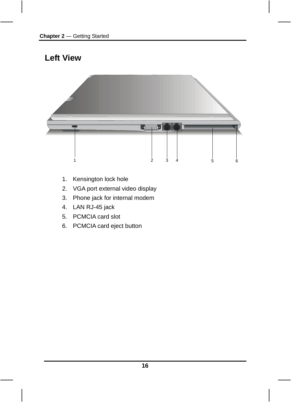 Chapter 2 — Getting Started 16 Left View  123456  1.  Kensington lock hole 2.  VGA port external video display 3.  Phone jack for internal modem 4.  LAN RJ-45 jack 5.  PCMCIA card slot 6.  PCMCIA card eject button  