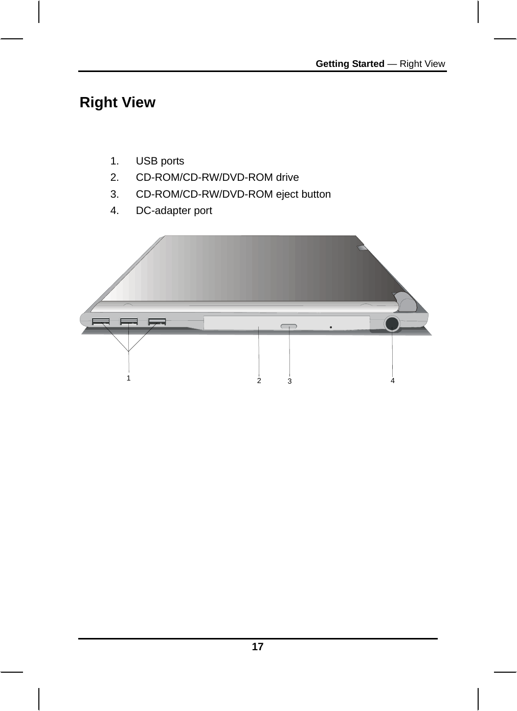 Getting Started — Right View 17 Right View   1. USB ports 2. CD-ROM/CD-RW/DVD-ROM drive 3.  CD-ROM/CD-RW/DVD-ROM eject button 4. DC-adapter port  1234 