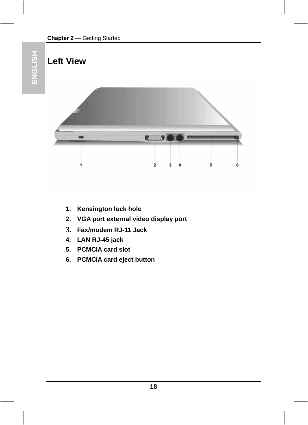  ENGLISH Chapter 2 — Getting Started Left View    1.  Kensington lock hole 2.  VGA port external video display port 3. Fax/modem RJ-11 Jack 4.  LAN RJ-45 jack 5.  PCMCIA card slot 6.  PCMCIA card eject button  18 