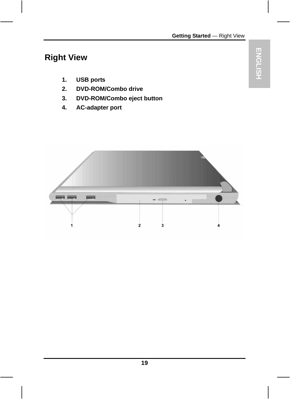  ENGLISH Getting Started — Right View Right View  1. USB ports 2. DVD-ROM/Combo drive 3. DVD-ROM/Combo eject button 4. AC-adapter port    19 