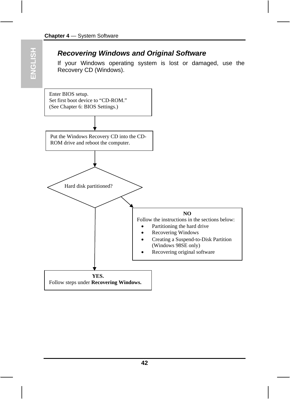 ENGLISH Chapter 4 — System Software Recovering Windows and Original Software If your Windows operating system is lost or damaged, use the Recovery CD (Windows).   Enter BIOS setup. Set first boot device to “CD-ROM.” (See Chapter 6: BIOS Settings.) Put the Windows Recovery CD into the CD-ROM drive and reboot the computer. NO Follow the instructions in the sections below: • Partitioning the hard drive • Recovering Windows • Creating a Suspend-to-Disk Partition (Windows 98SE only) • Recovering original software YES. Follow steps under Recovering Windows. Hard disk partitioned? 42 