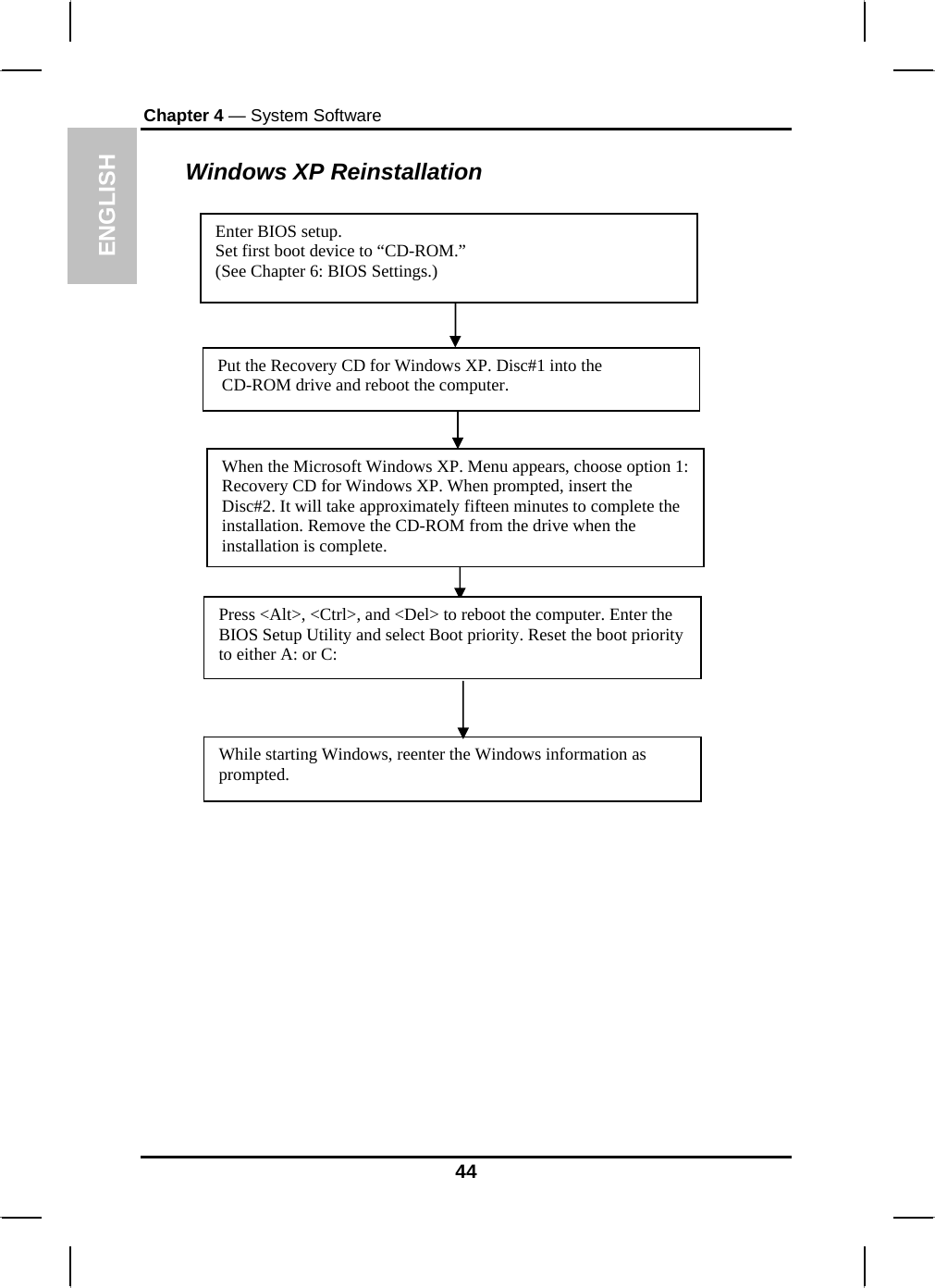 ENGLISH Chapter 4 — System Software Windows XP Reinstallation     Enter BIOS setup. Set first boot device to “CD-ROM.” (See Chapter 6: BIOS Settings.) Put the Recovery CD for Windows XP. Disc#1 into the  CD-ROM drive and reboot the computer. Press &lt;Alt&gt;, &lt;Ctrl&gt;, and &lt;Del&gt; to reboot the computer. Enter the BIOS Setup Utility and select Boot priority. Reset the boot priority to either A: or C: When the Microsoft Windows XP. Menu appears, choose option 1: Recovery CD for Windows XP. When prompted, insert the Disc#2. It will take approximately fifteen minutes to complete the installation. Remove the CD-ROM from the drive when the installation is complete. While starting Windows, reenter the Windows information as prompted. 44 