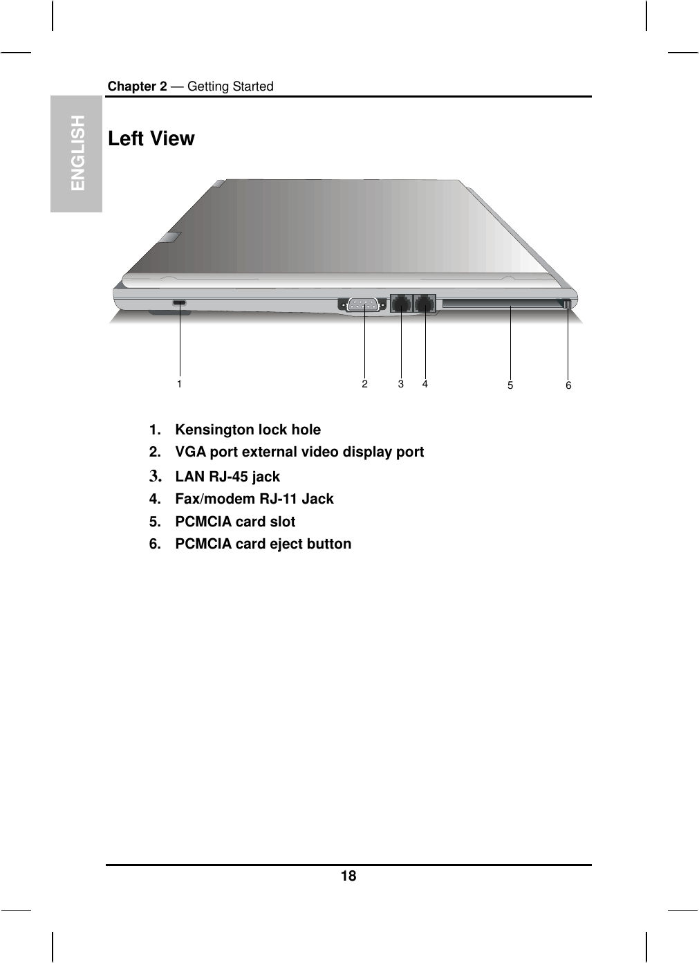  ENGLISH Chapter 2 — Getting Started Left View  123456  1.  Kensington lock hole 2.  VGA port external video display port 3.  LAN RJ-45 jack 4.  Fax/modem RJ-11 Jack 5.  PCMCIA card slot 6.  PCMCIA card eject button  18 