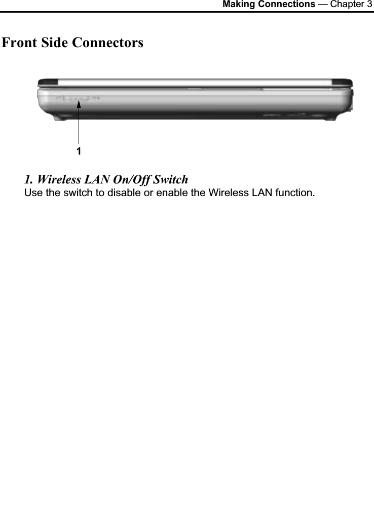 Making Connections — Chapter 3Front Side Connectors11. Wireless LAN On/Off SwitchUse the switch to disable or enable the Wireless LAN function.