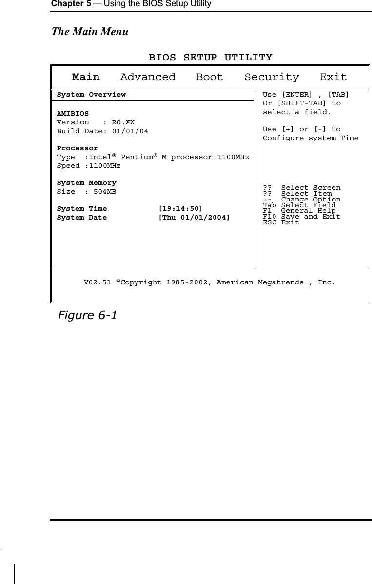 Chapter 5 — Using the BIOS Setup UtilityThe Main MenuBIOS SETUP UTILITYMain Advanced   Boot   Security   ExitSystem OverviewAMIBIOS Version  : R0.XX Build Date: 01/01/04Processor Type  :Intel® Pentium® M processor 1100MHz Speed :1100MHzSystem Memory Size  : 504MBSystem Time [19:14:50]System Date [Thu 01/01/2004]Use [ENTER] , [TAB]Or [SHIFT-TAB] to select a field.Use [+] or [-] toConfigure system Time?? Select Screen?? Select Item+- Change OptionTab Select FieldF1  General HelpF10 Save and ExitESC ExitV02.53 ©Copyright 1985-2002, American Megatrends , Inc.Figure 6-1