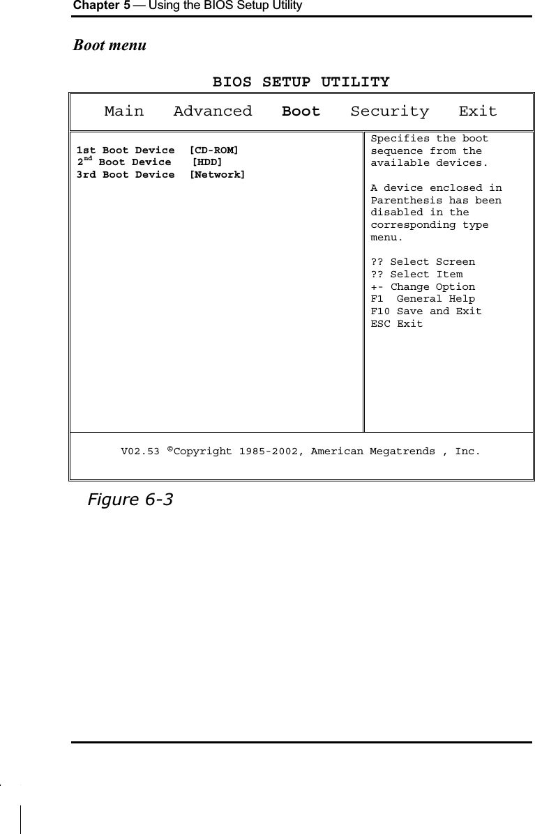 Chapter 5 — Using the BIOS Setup UtilityBoot menuBIOS SETUP UTILITYMain   Advanced Boot   Security   Exit1st Boot Device  [CD-ROM] 2nd Boot Device [HDD]3rd Boot Device  [Network]Specifies the bootsequence from theavailable devices.A device enclosed inParenthesis has been disabled in thecorresponding typemenu.?? Select Screen?? Select Item+- Change OptionF1  General HelpF10 Save and ExitESC ExitV02.53 ©Copyright 1985-2002, American Megatrends , Inc.Figure 6-3