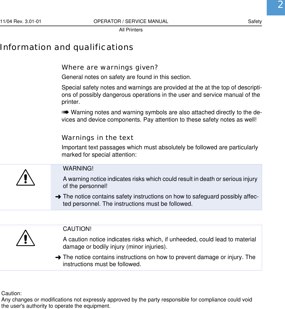 11/04 Rev. 3.01-01 OPERATOR / SERVICE MANUAL SafetyAll Printers2Information and qualificationsWhere are warnings given?General notes on safety are found in this section.Special safety notes and warnings are provided at the at the top of descripti-ons of possibly dangerous operations in the user and service manual of the printer.&macr;Warning notes and warning symbols are also attached directly to the de-vices and device components. Pay attention to these safety notes as well!Warnings in the textImportant text passages which must absolutely be followed are particularly marked for special attention:WARNING!A warning notice indicates risks which could result in death or serious injury of the personnel!&laquo;The notice contains safety instructions on how to safeguard possibly affec-ted personnel. The instructions must be followed.CAUTION!A caution notice indicates risks which, if unheeded, could lead to material damage or bodily injury (minor injuries). &laquo;The notice contains instructions on how to prevent damage or injury. The instructions must be followed.Caution:Any changes or modifications not expressly approved by the party responsible for compliance could voidthe user's authority to operate the equipment.