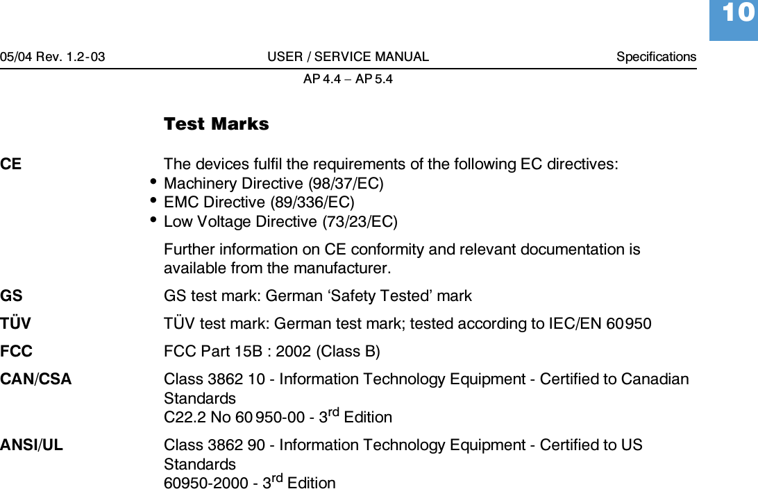05/04 Rev. 1.2-03 USER / SERVICE MANUAL SpecificationsAP 4.4 &ndash; AP 5.410Test MarksCE The devices fulfil the requirements of the following EC directives:&bull;Machinery Directive (98/37/EC)&bull;EMC Directive (89/336/EC)&bull;Low Voltage Directive (73/23/EC)Further information on CE conformity and relevant documentation is available from the manufacturer.GS GS test mark: German &lsquo;Safety Tested&rsquo; markT&Uuml;V T&Uuml;V test mark: German test mark; tested according to IEC/EN 60950FCC FCC Part 15B : 2002 (Class B)CAN/CSA Class 3862 10 - Information Technology Equipment - Certified to Canadian StandardsC22.2 No 60 950-00 - 3rd EditionANSI/UL Class 3862 90 - Information Technology Equipment - Certified to US Standards60950-2000 - 3rd Edition